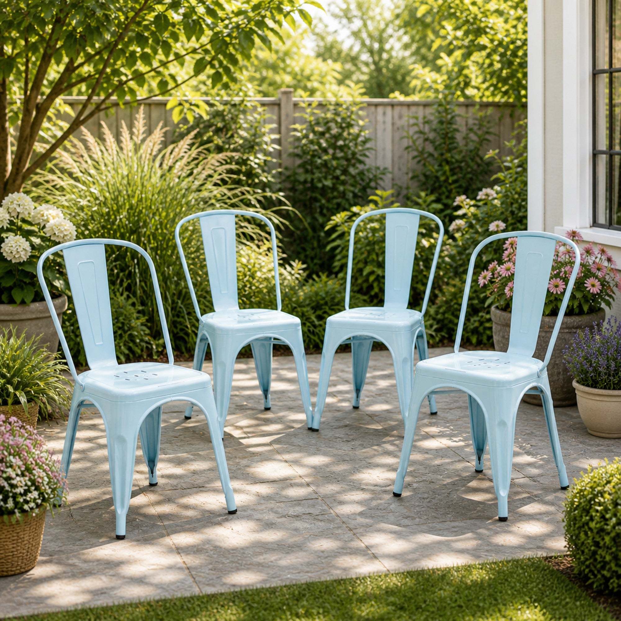 Set of two Elite Living Rochelle light blue stackable dining chairs for outdoor use, featuring a modern design and comfortable seating.