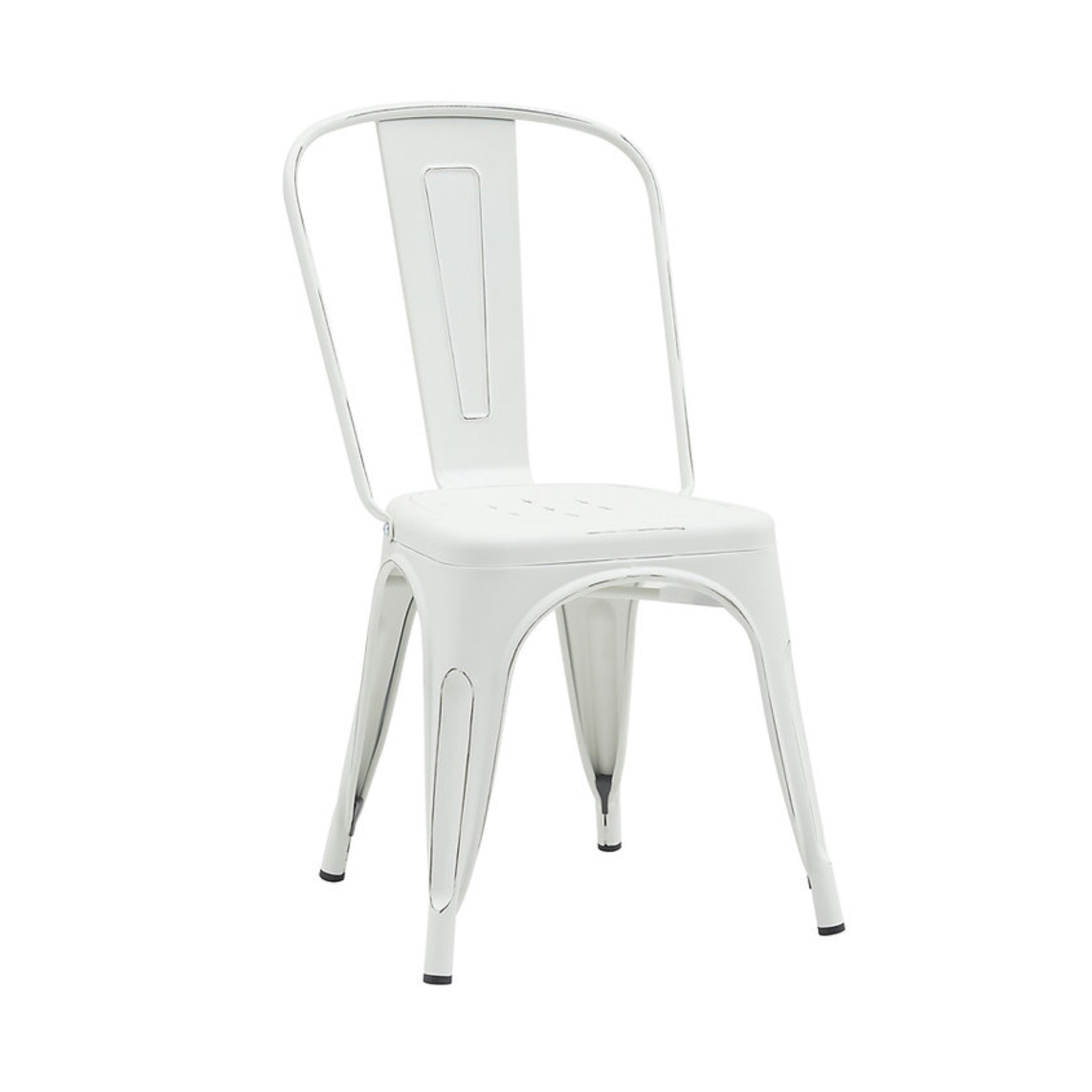 Pair of white Rochelle stackable dining chairs by Elite Living, ideal for outdoor or indoor dining spaces, shown in a stylish setting.
