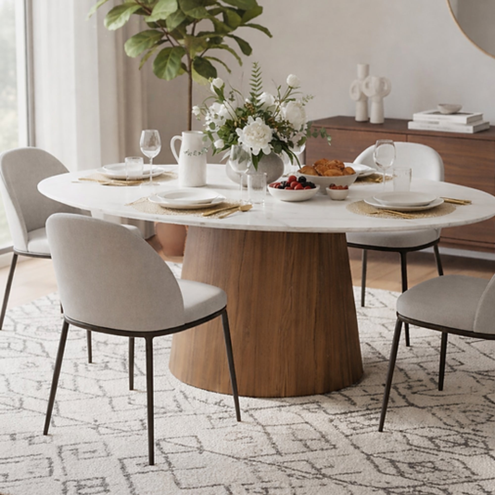 Elite Living oval marble top dining table with sleek oval design and sturdy base, perfect for modern dining rooms.