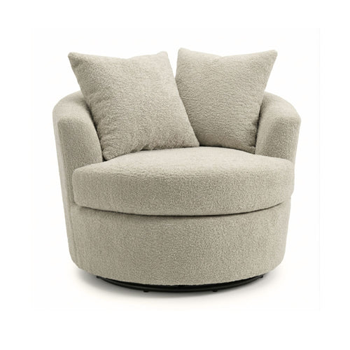 A beige Canadian-made oversized bouclé fabric swivel chair with a modern design and plush texture.