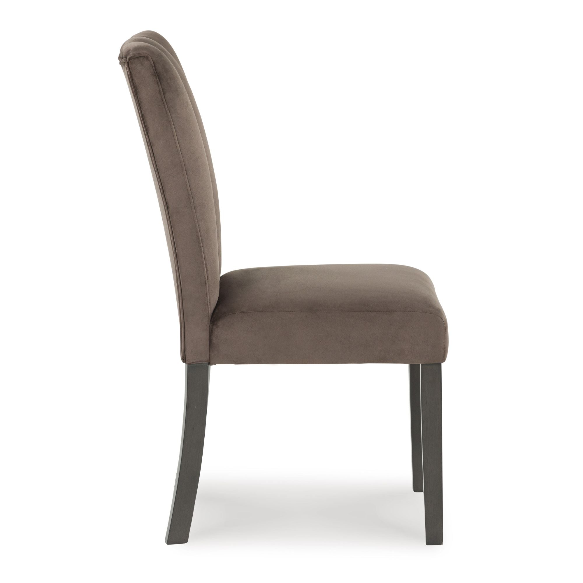 Pair of Jeshina Signature Ashley dining UPH side chairs with dark wooden legs and upholstered seats, set of two.