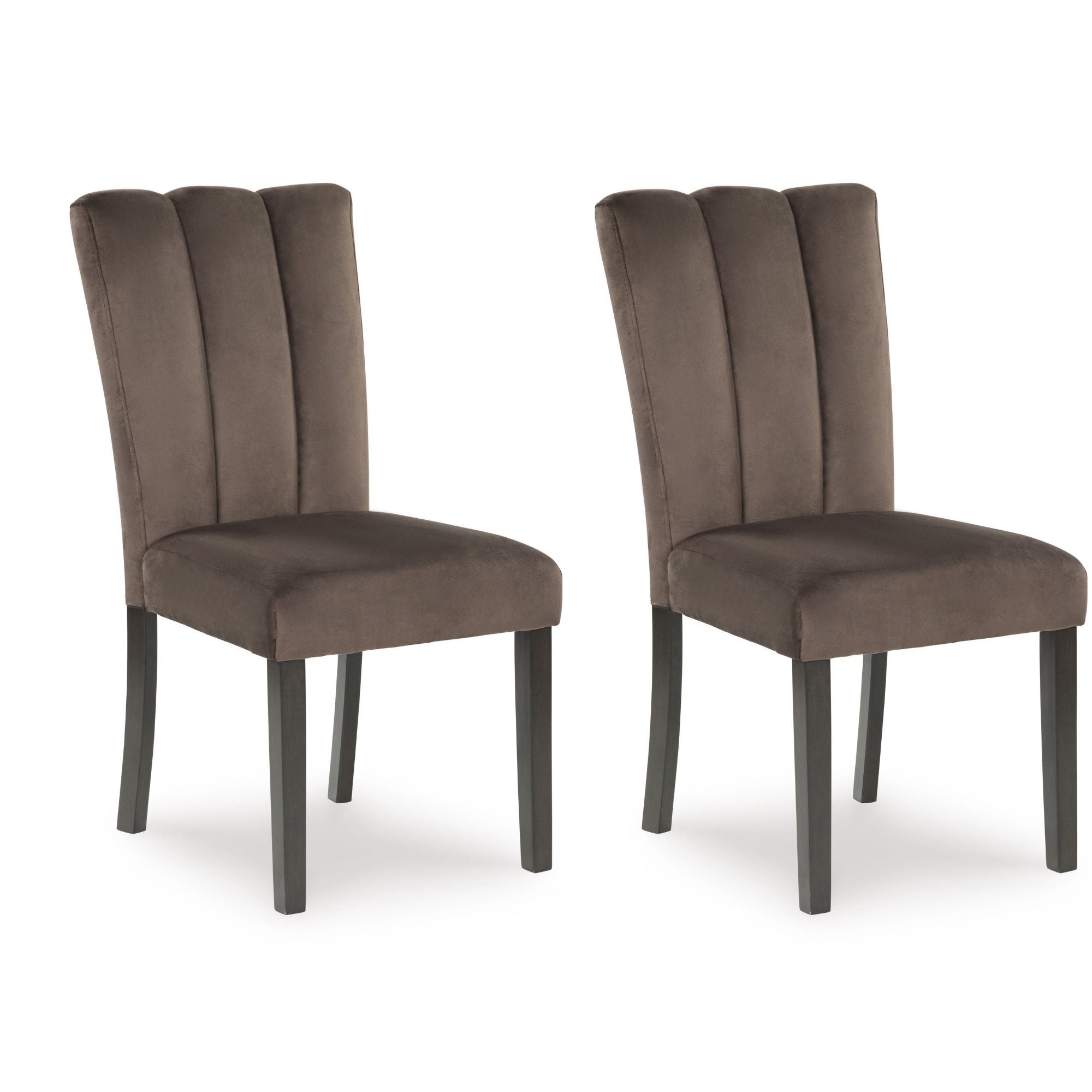 Set of two Jeshina dining UPH side chairs by Signature Ashley with dark wood legs and upholstered seats, modern dining room style.