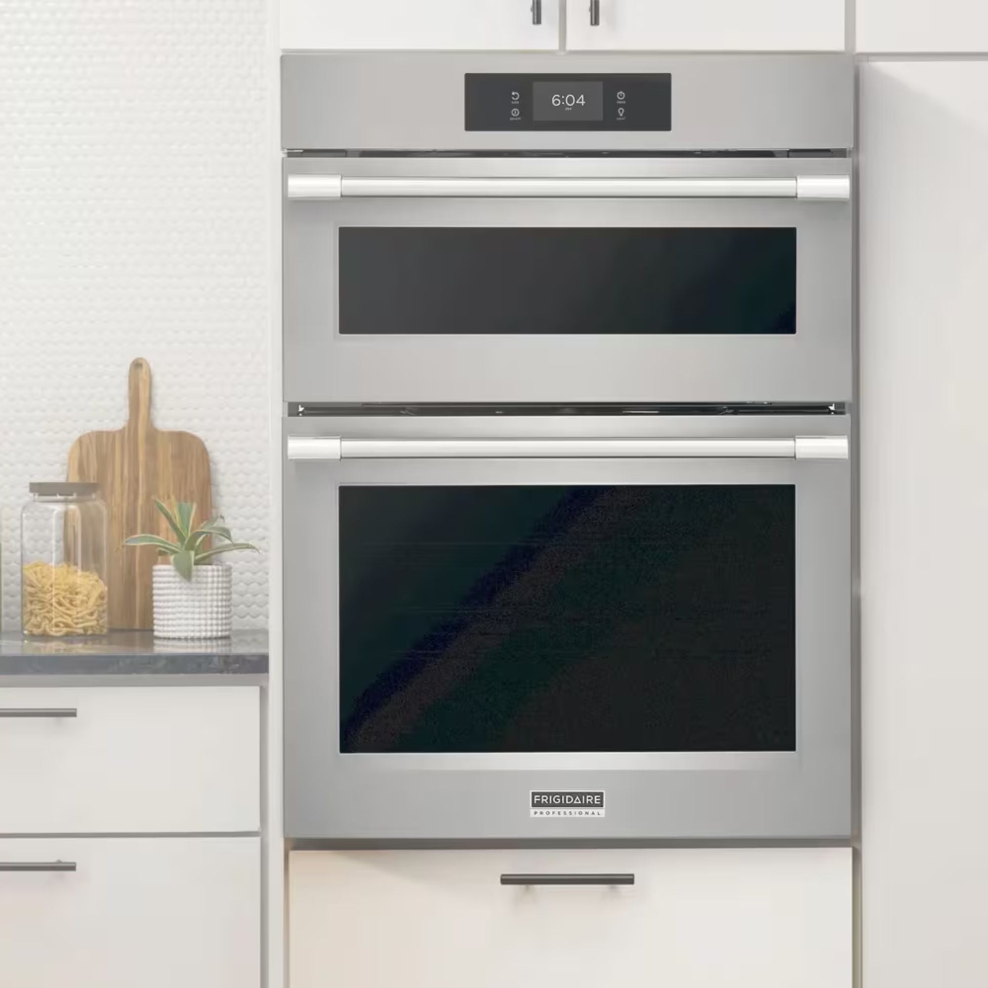 Frigidaire Professional 30-inch electric wall oven and microwave combo in stainless steel, with convection cooking and digital controls.