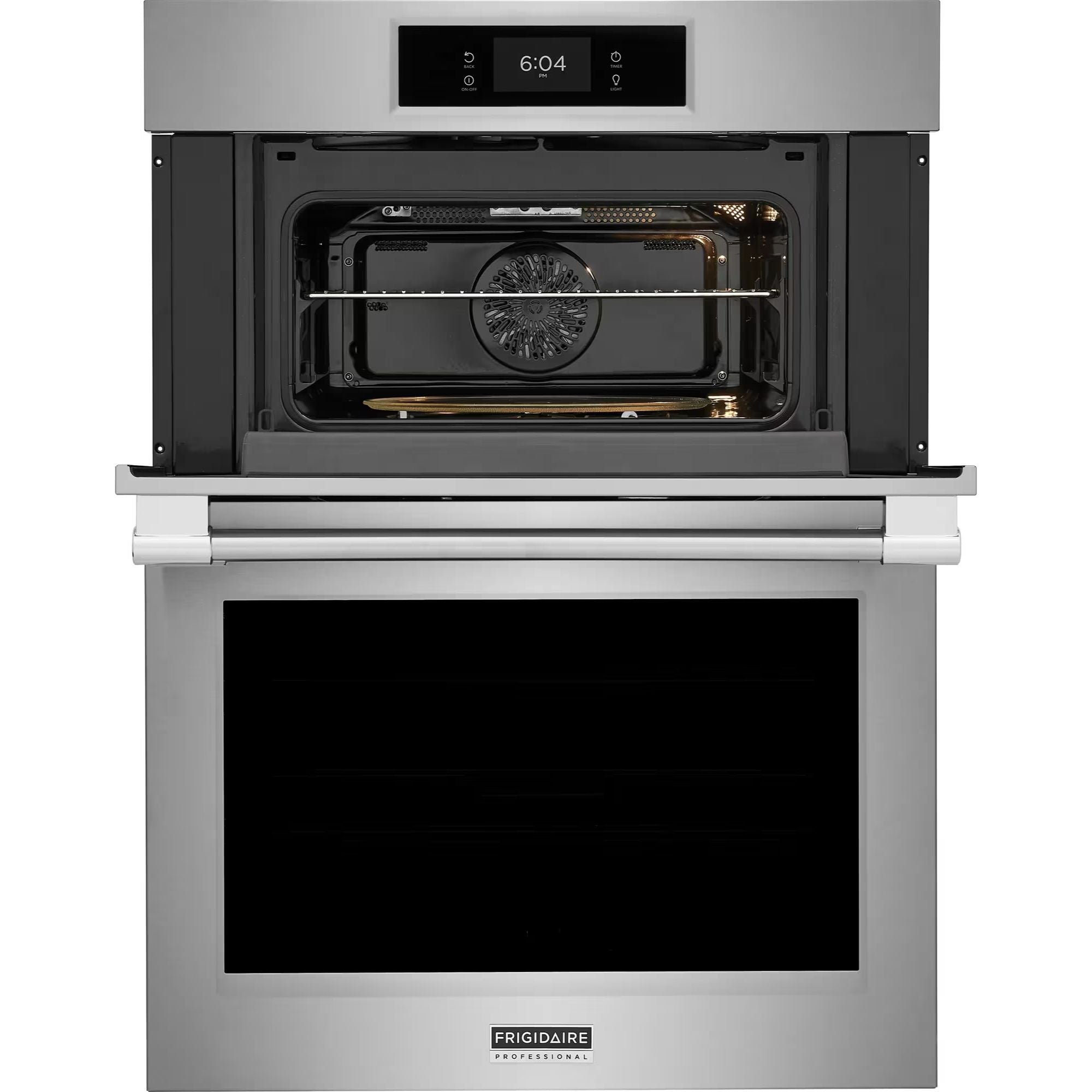 Frigidaire Professional 30-inch electric wall oven and microwave combo in stainless steel with convection features.