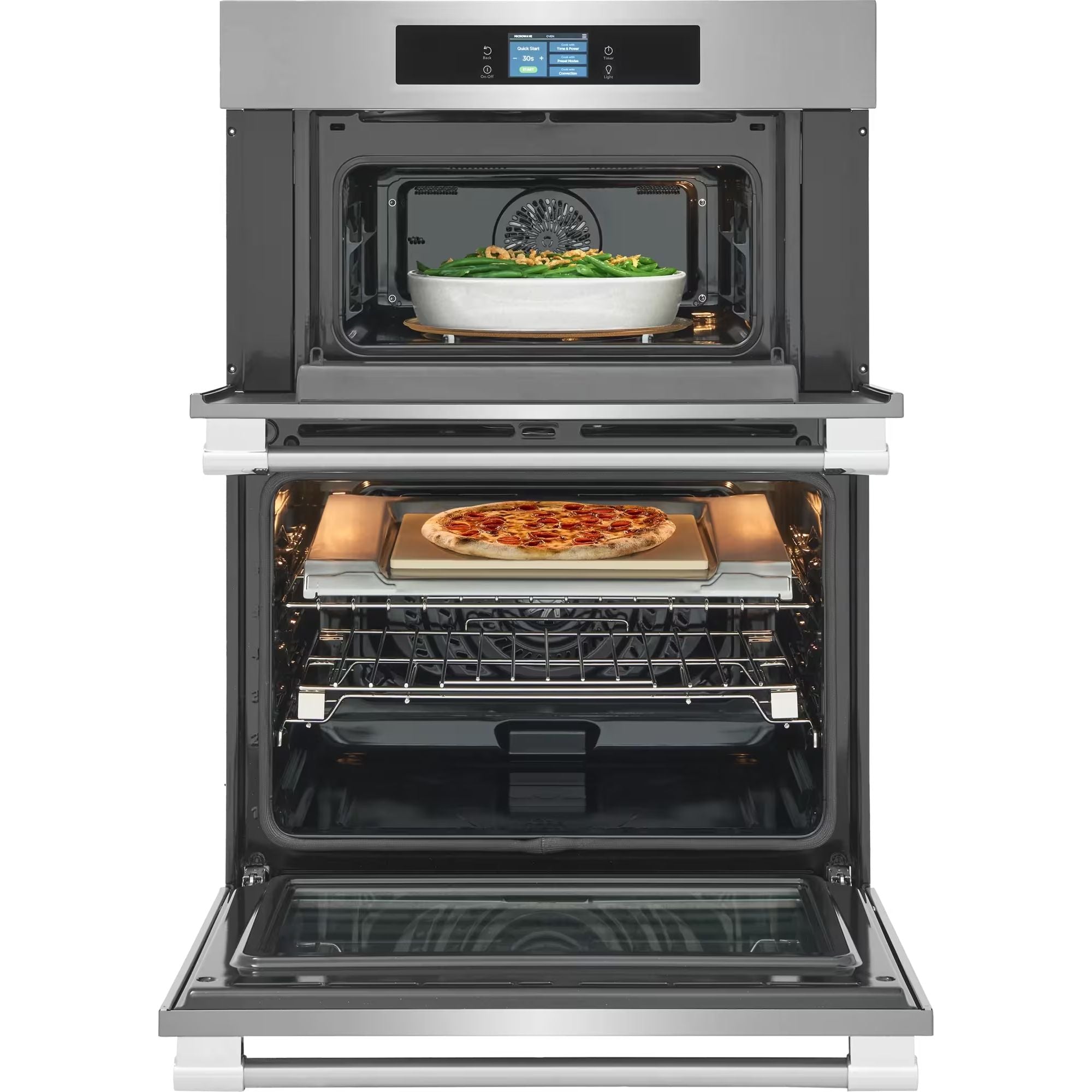 Frigidaire Professional 30-inch stainless steel single wall oven with stone-baked pizza function and sleek design.