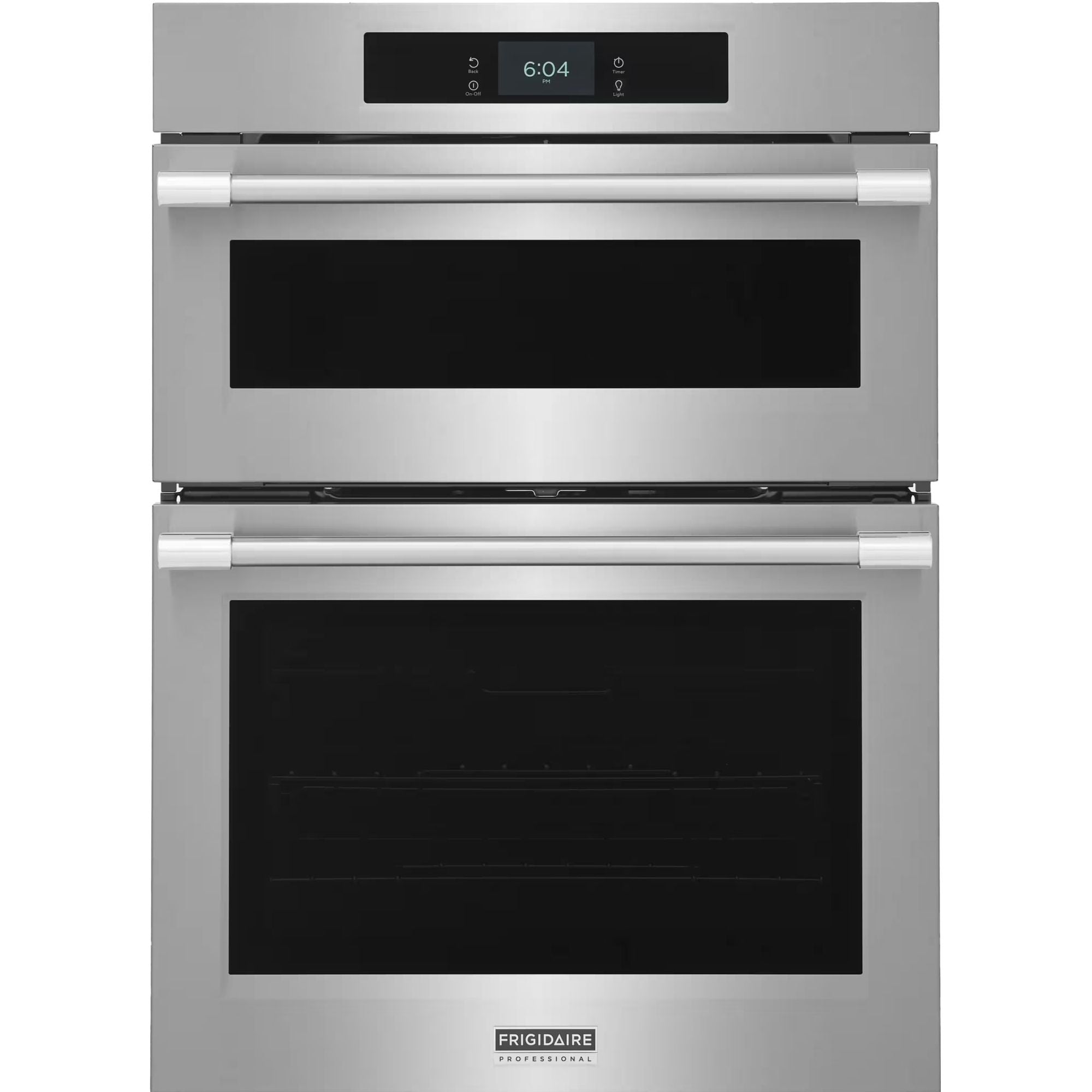 Frigidaire Professional 30" wall oven with microwave combo in stainless steel, featuring a stone-baked pizza mode and digital controls.