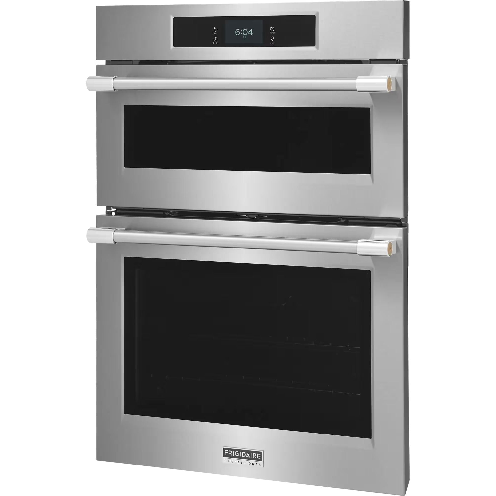 Frigidaire Professional 30-inch stainless steel wall oven with microwave combination and Stone-Baked Pizza Mode, sleek modern design.