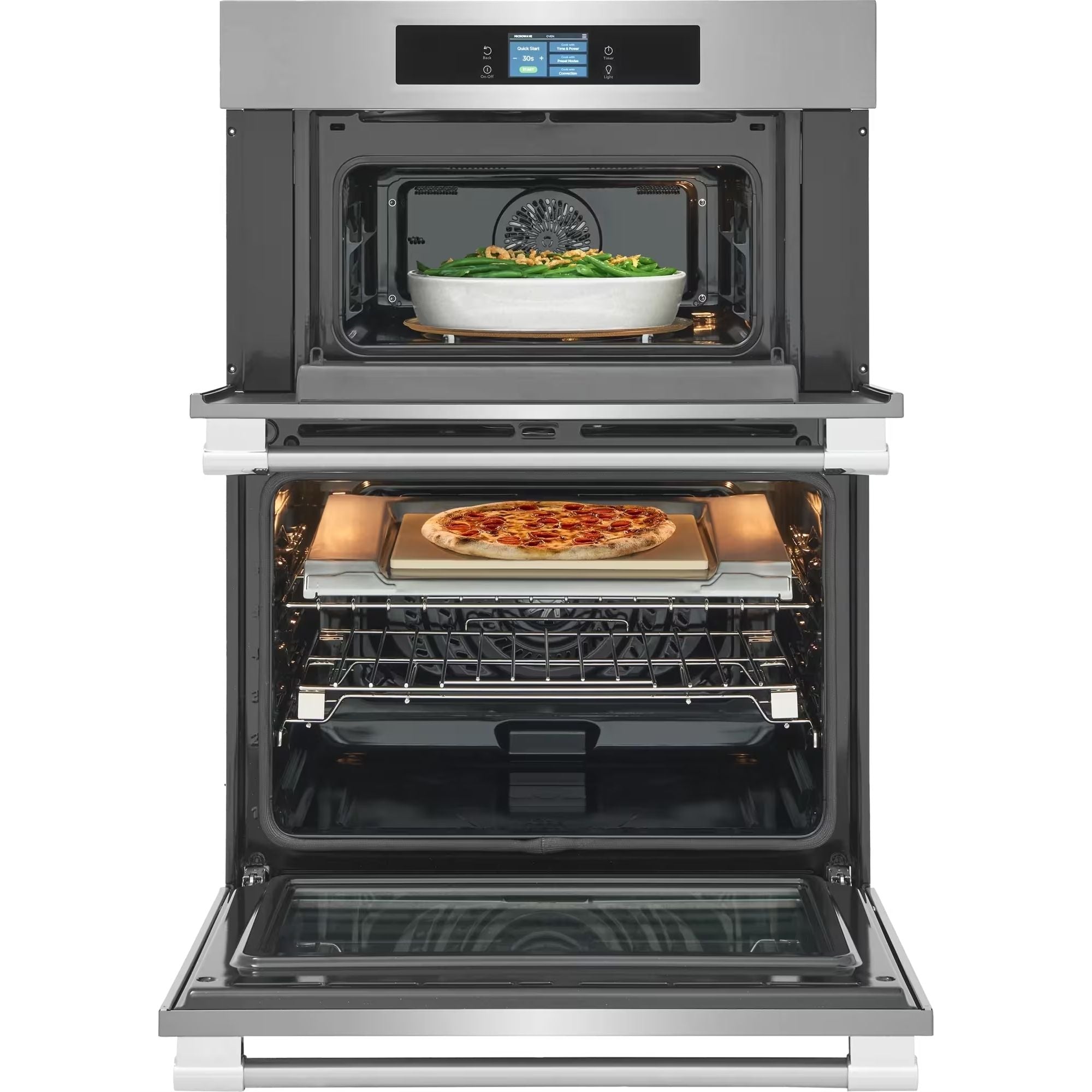 Frigidaire Professional 30-inch wall oven with microwave combo in stainless steel, featuring stone-baked pizza mode.