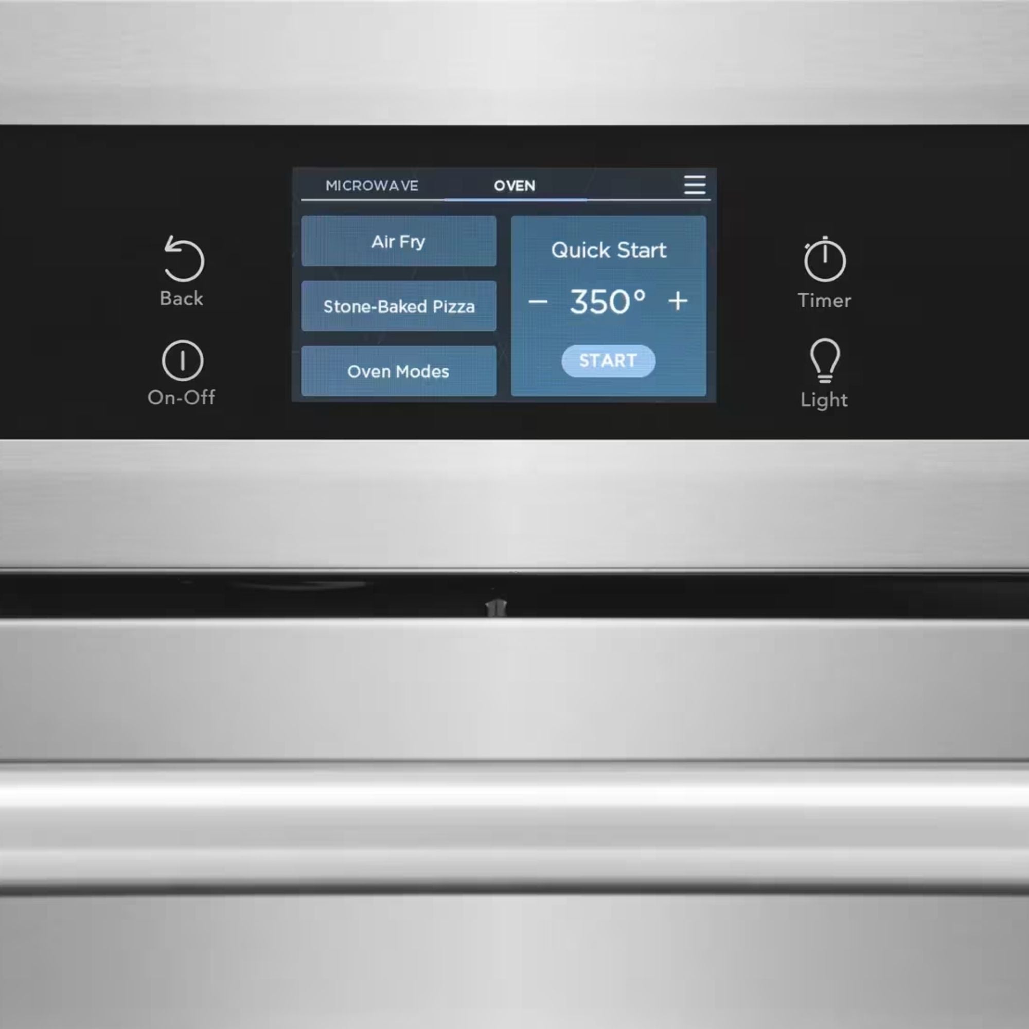 Frigidaire Professional 30-inch stainless steel wall oven with microwave combo and stone-baked pizza mode, modern kitchen appliance.
