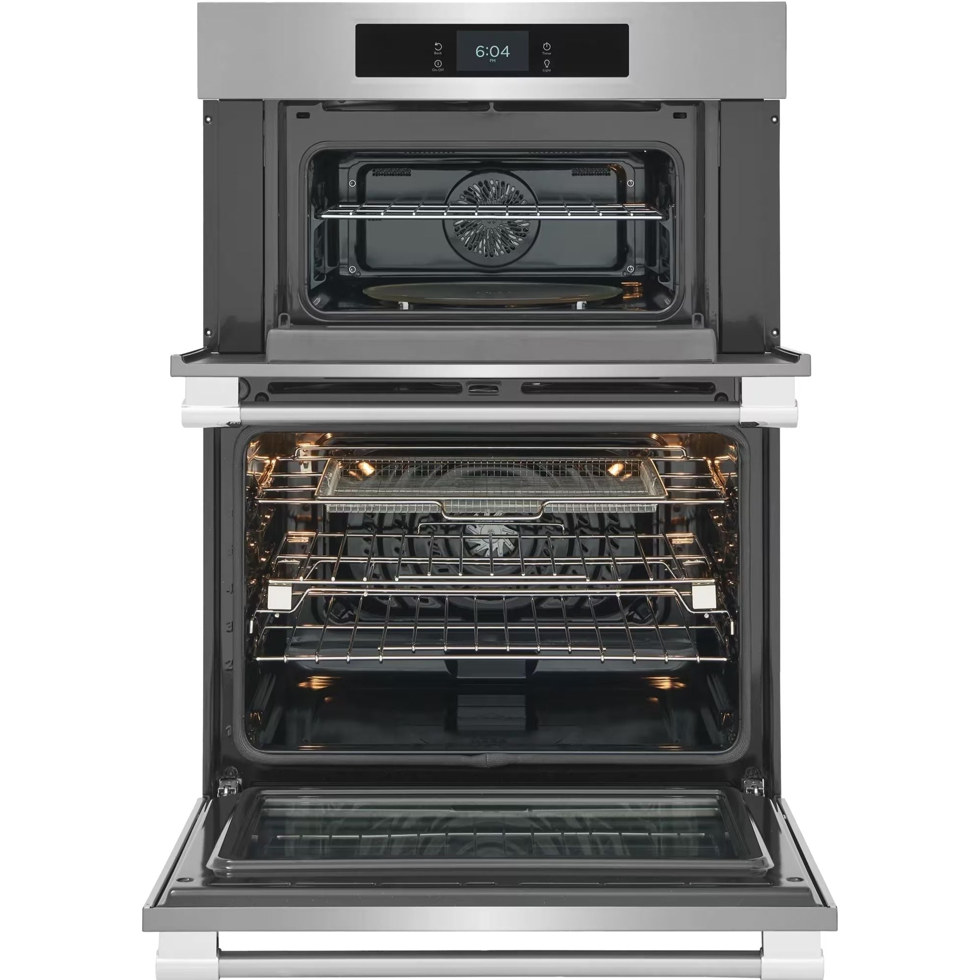 Frigidaire Professional 30-inch stainless steel wall oven with microwave combination and stone-baked pizza mode, sleek and modern design.