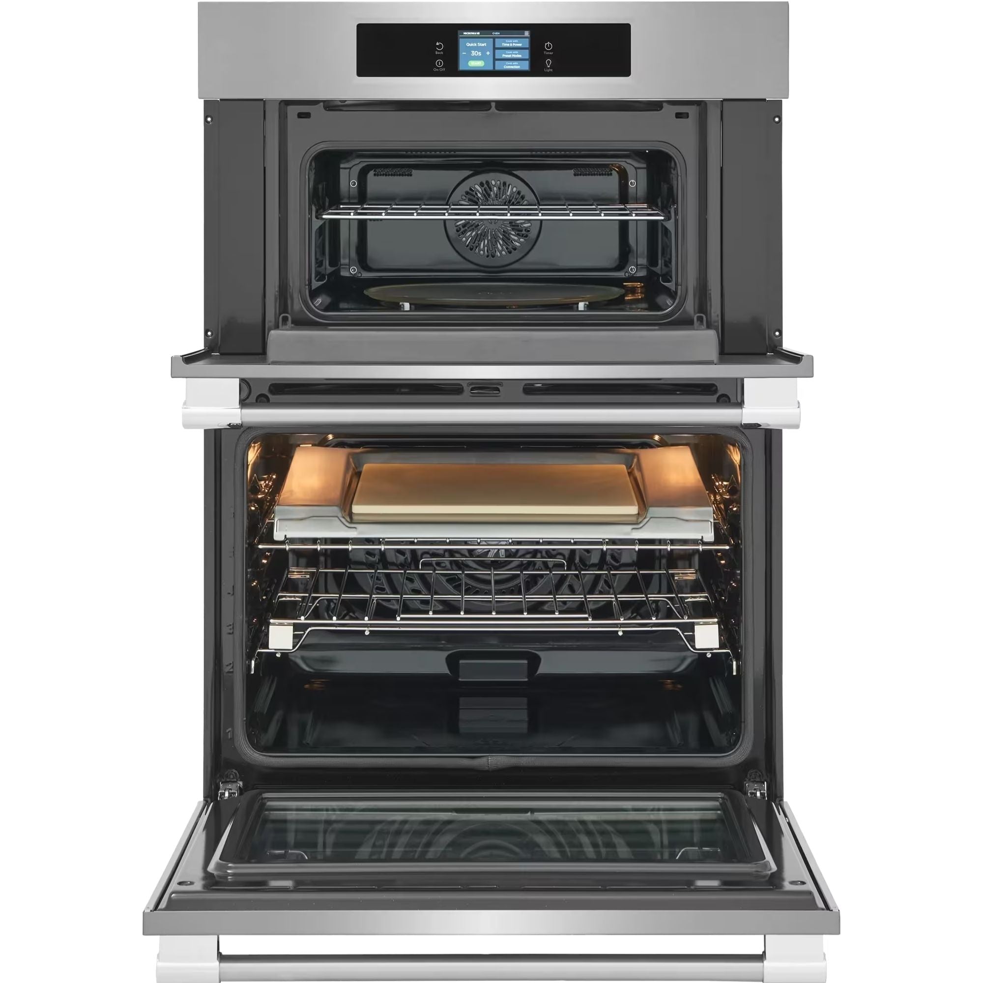 Frigidaire Professional 30-inch stainless steel wall oven with microwave combo and stone-baked pizza mode, view of control panel.