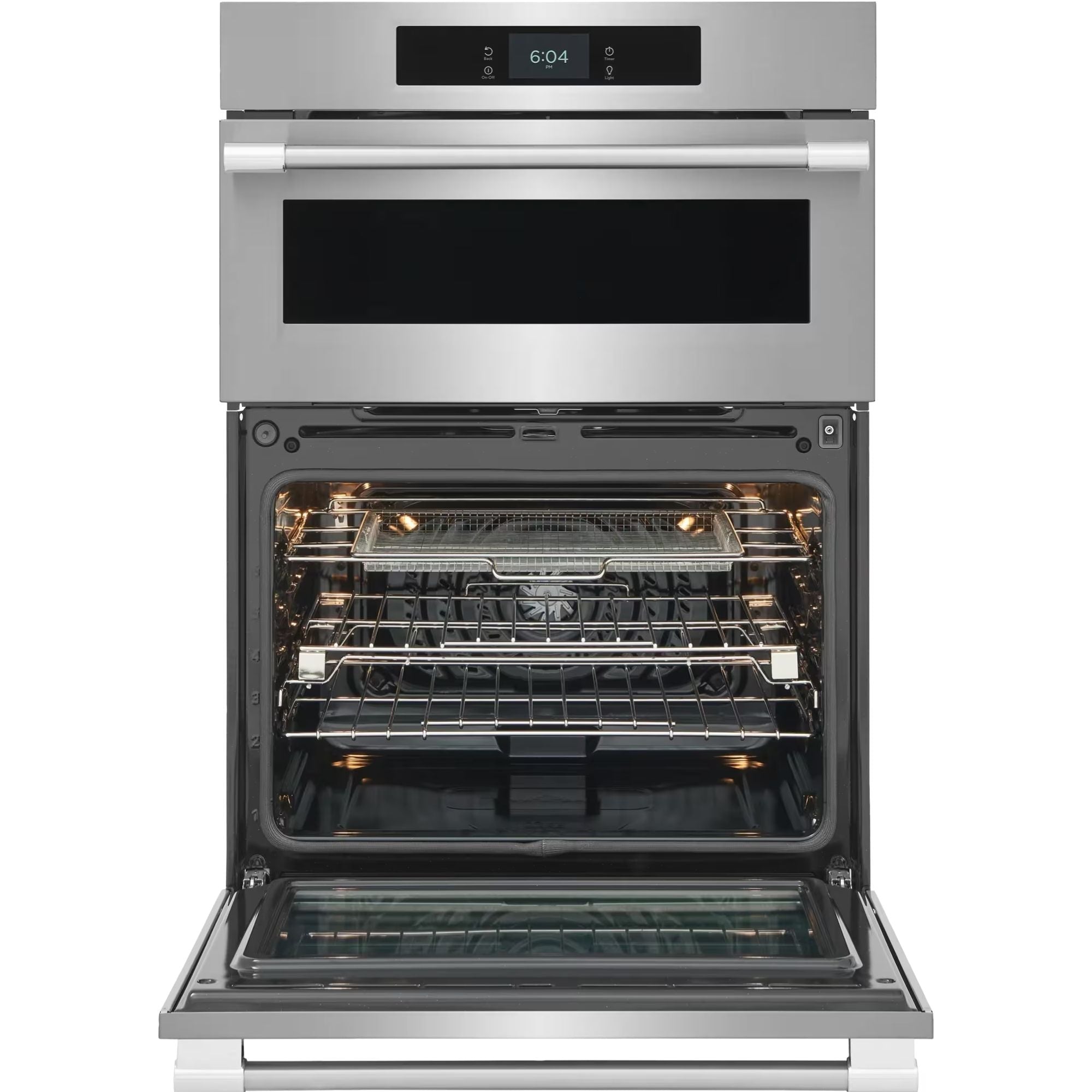 Frigidaire Professional 30-inch stainless steel wall oven with microwave combination and stone-baked pizza mode.
