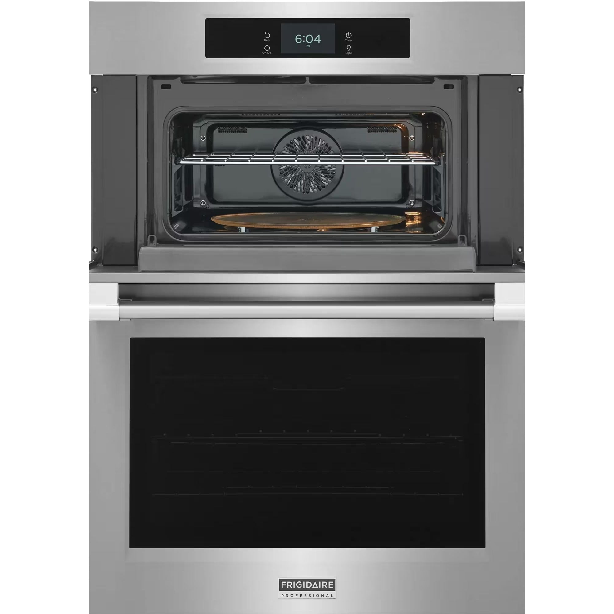 Frigidaire Professional 30-inch stainless steel wall oven with microwave combo, featuring stone-baked pizza mode and digital controls.