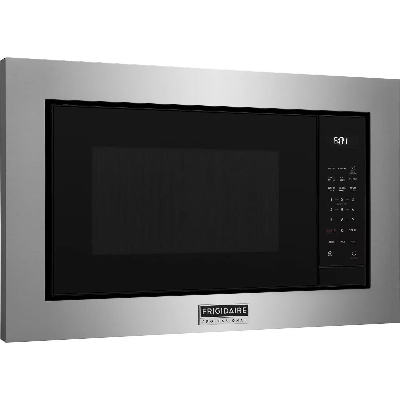 Frigidaire Professional PMBS3080BF stainless steel built-in microwave with digital control panel and interior light.