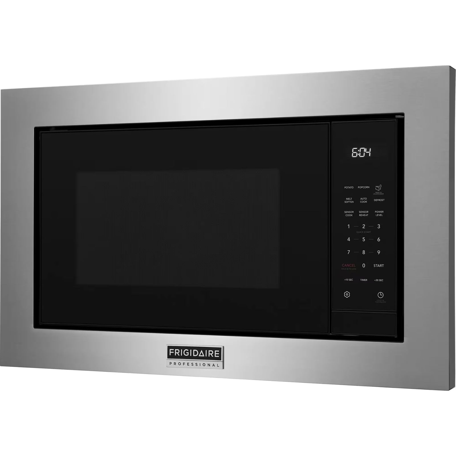 Frigidaire Professional 2.2 cu ft built-in microwave in stainless steel, showing the control panel and interior display.