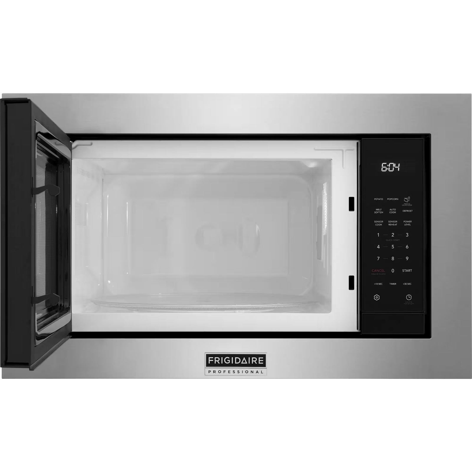 Frigidaire Professional stainless steel built-in microwave with digital control panel and spacious interior, model PMBS3080BF.