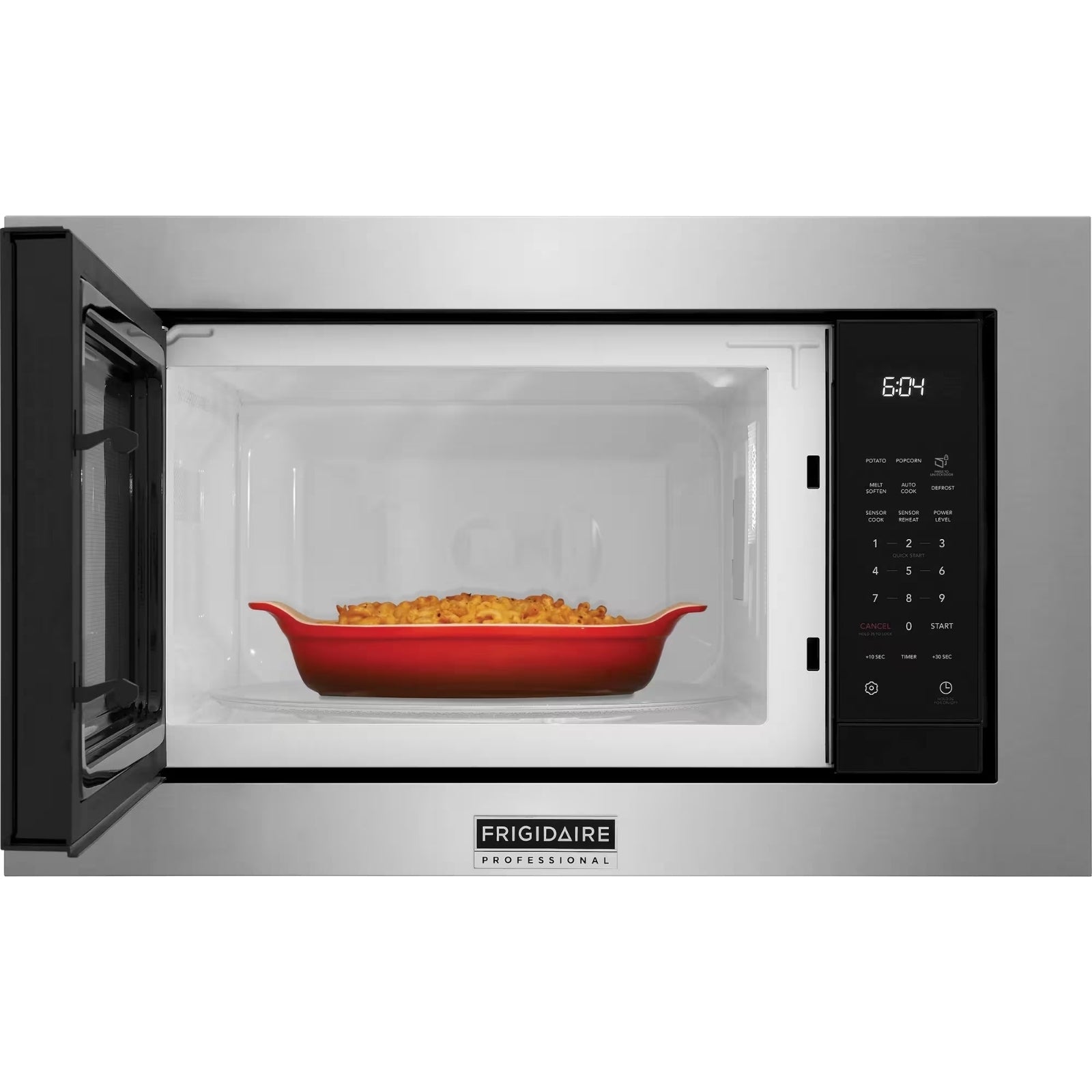 Frigidaire Professional PMBS3080BF built-in stainless steel microwave with digital control panel and interior light.