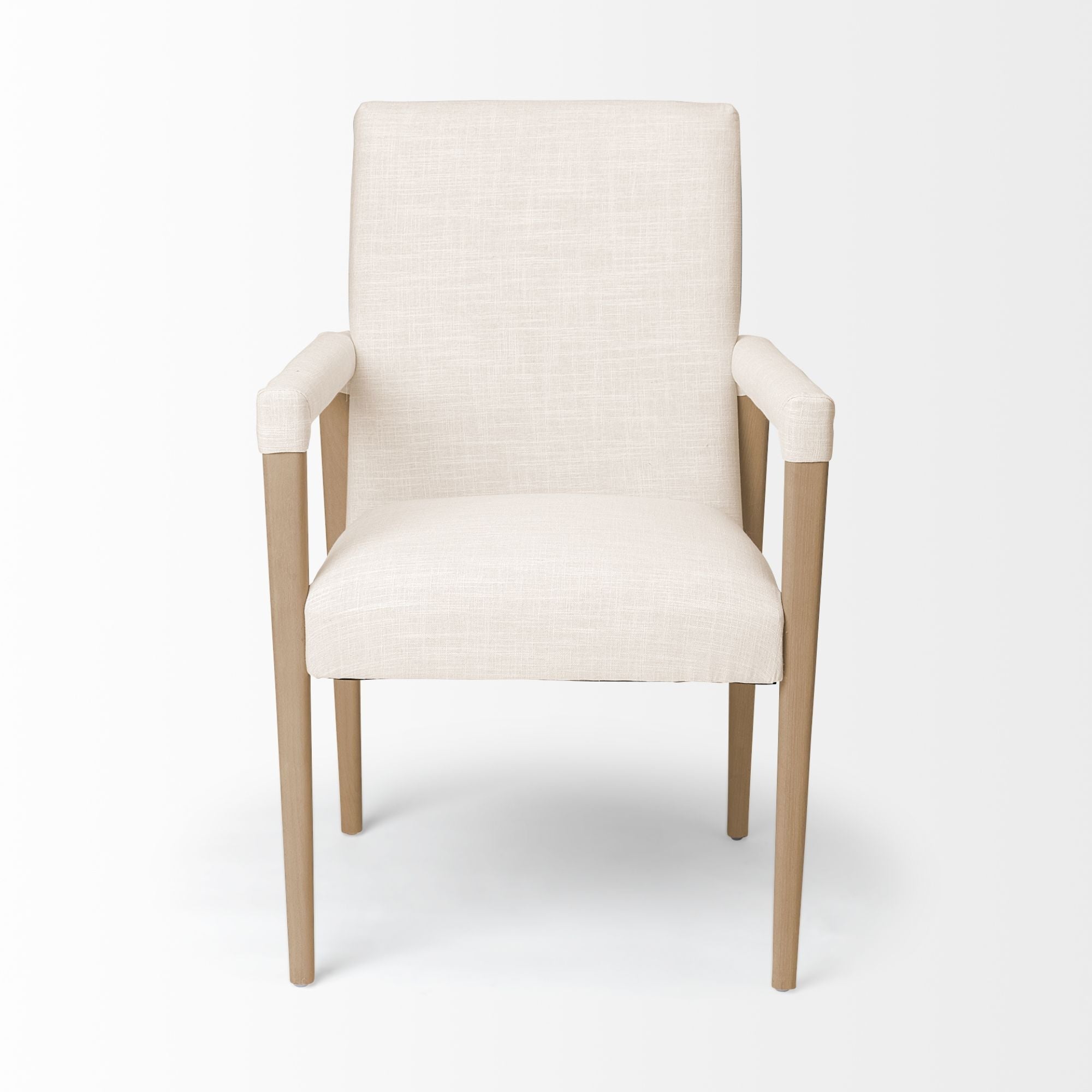 Cream Mercana Palisades Dining Armchair with upholstered seat and wooden armrests, showcasing elegant and comfortable dining seating.
