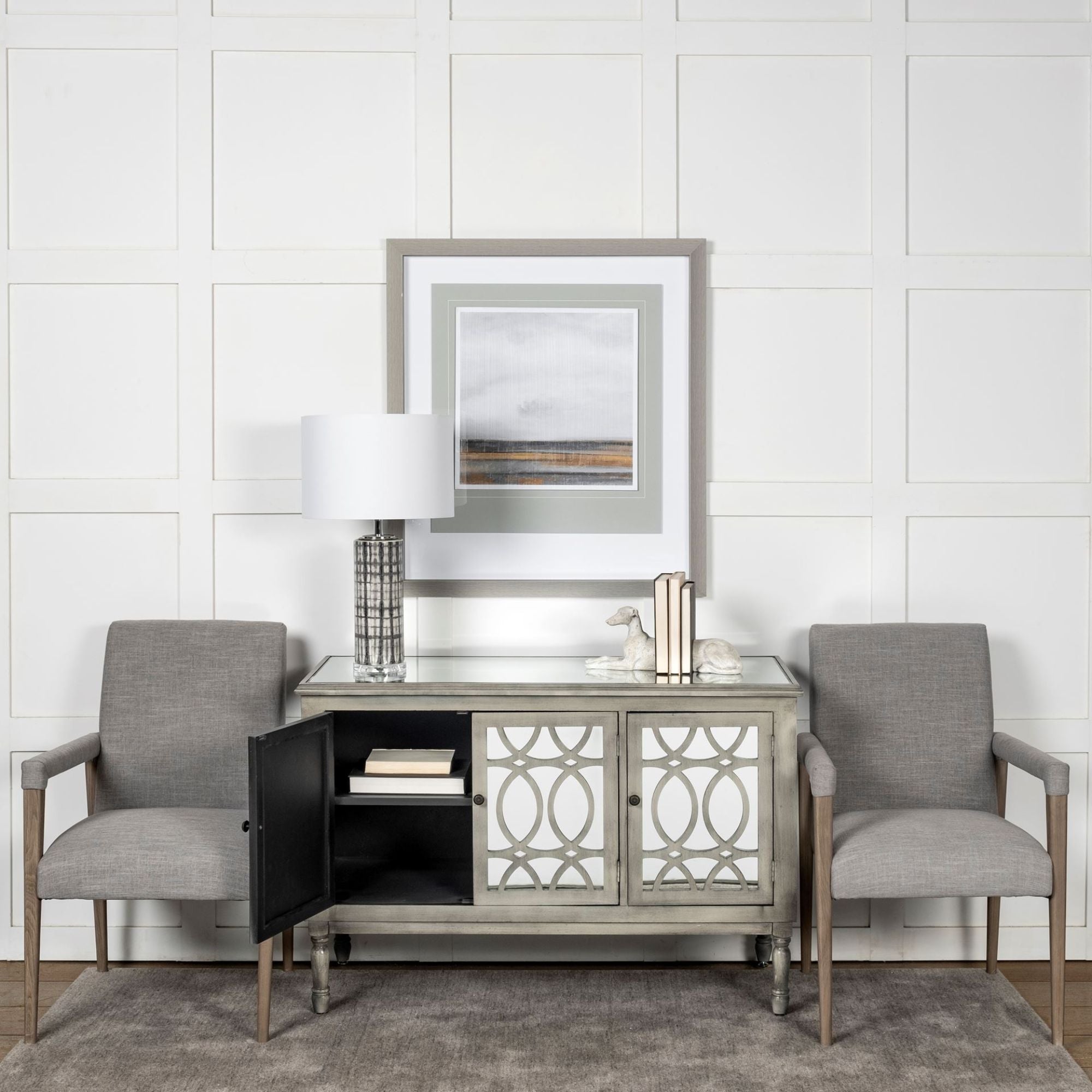 Gray Mercana Palisades Dining Armchair with wooden legs, showcasing a modern upholstered design for dining room decor.