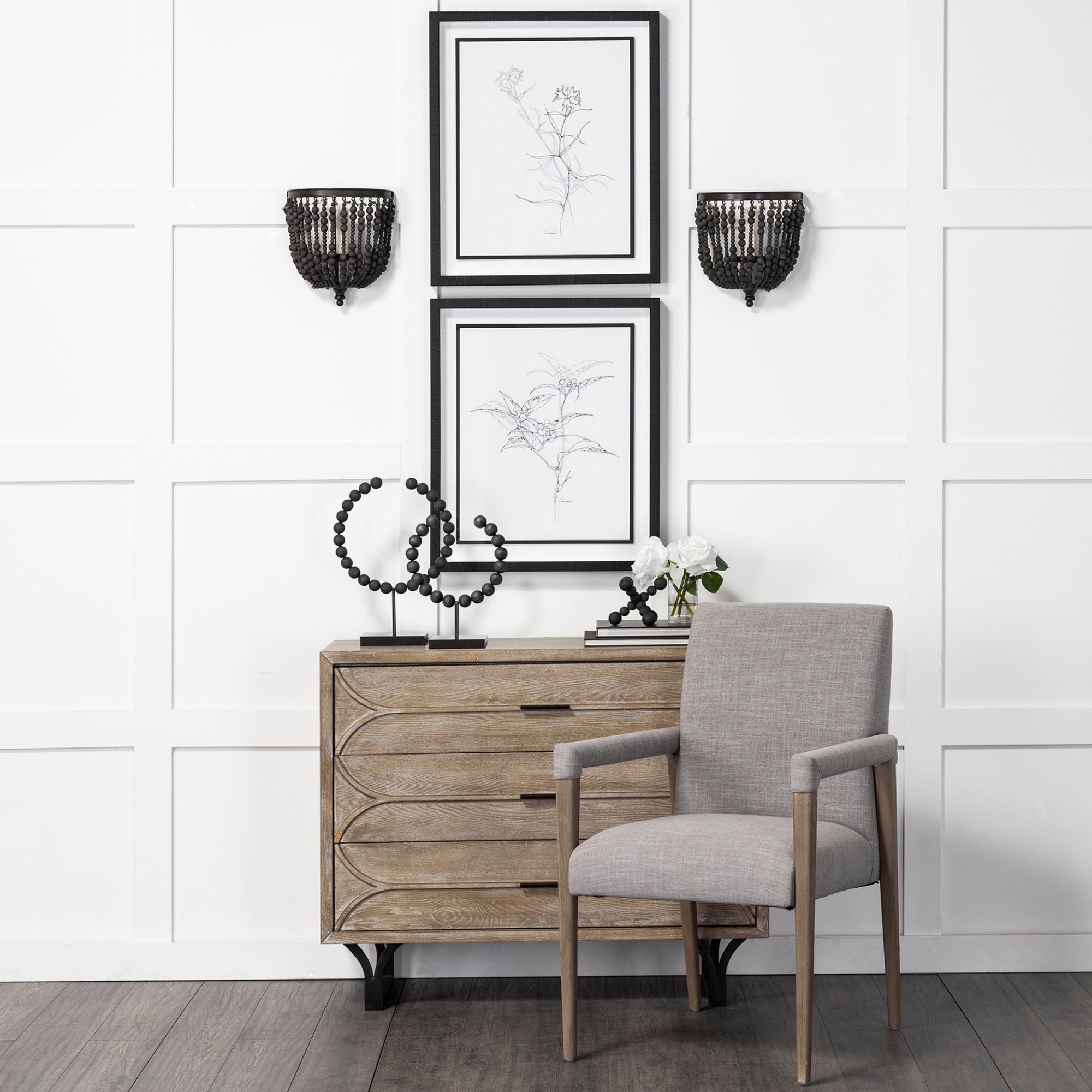 Gray Mercana Palisades dining armchair with wooden legs and cushioned seat, showcasing elegant design and comfortable seating.