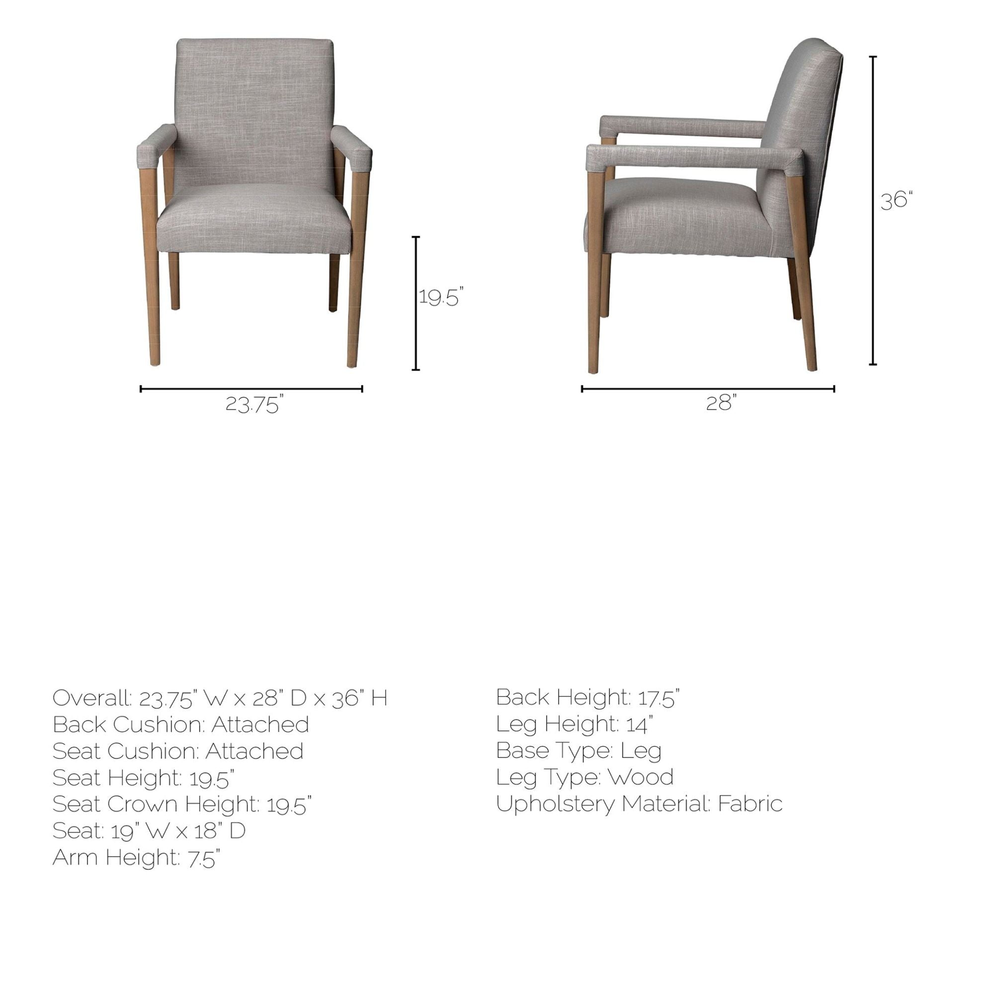 Mercana Furniture Palisades dining armchair in gray with cushioned seat and wooden legs, perfect for modern dining rooms.