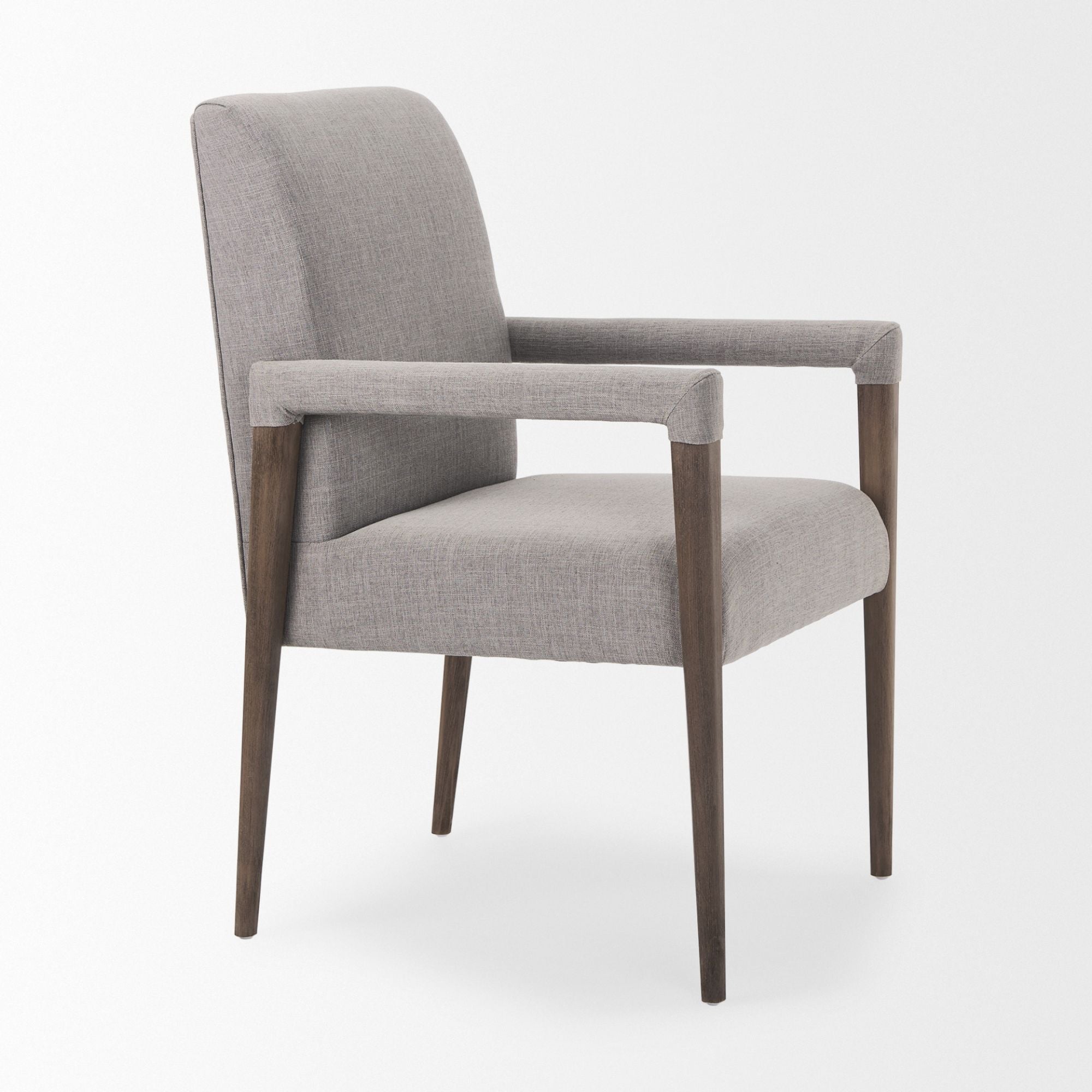 Gray Mercana Palisades Dining Armchair with cushioned seat and wooden legs, designed for comfortable dining room seating.