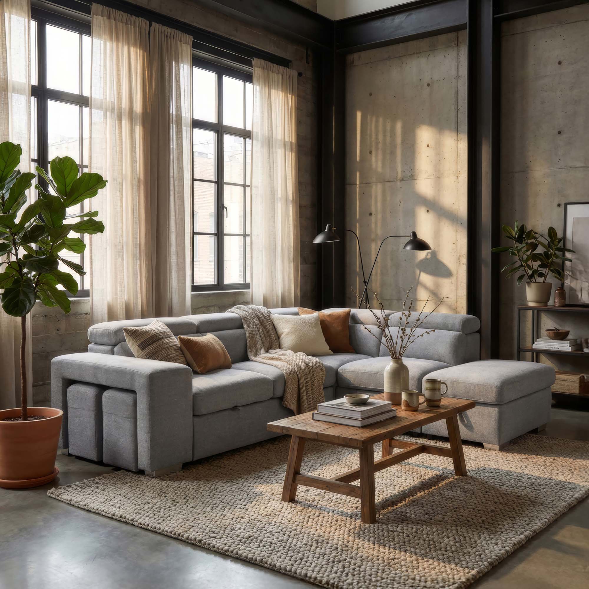 Pamina Sectional Sleeper with Storage Chaise & Two Stools