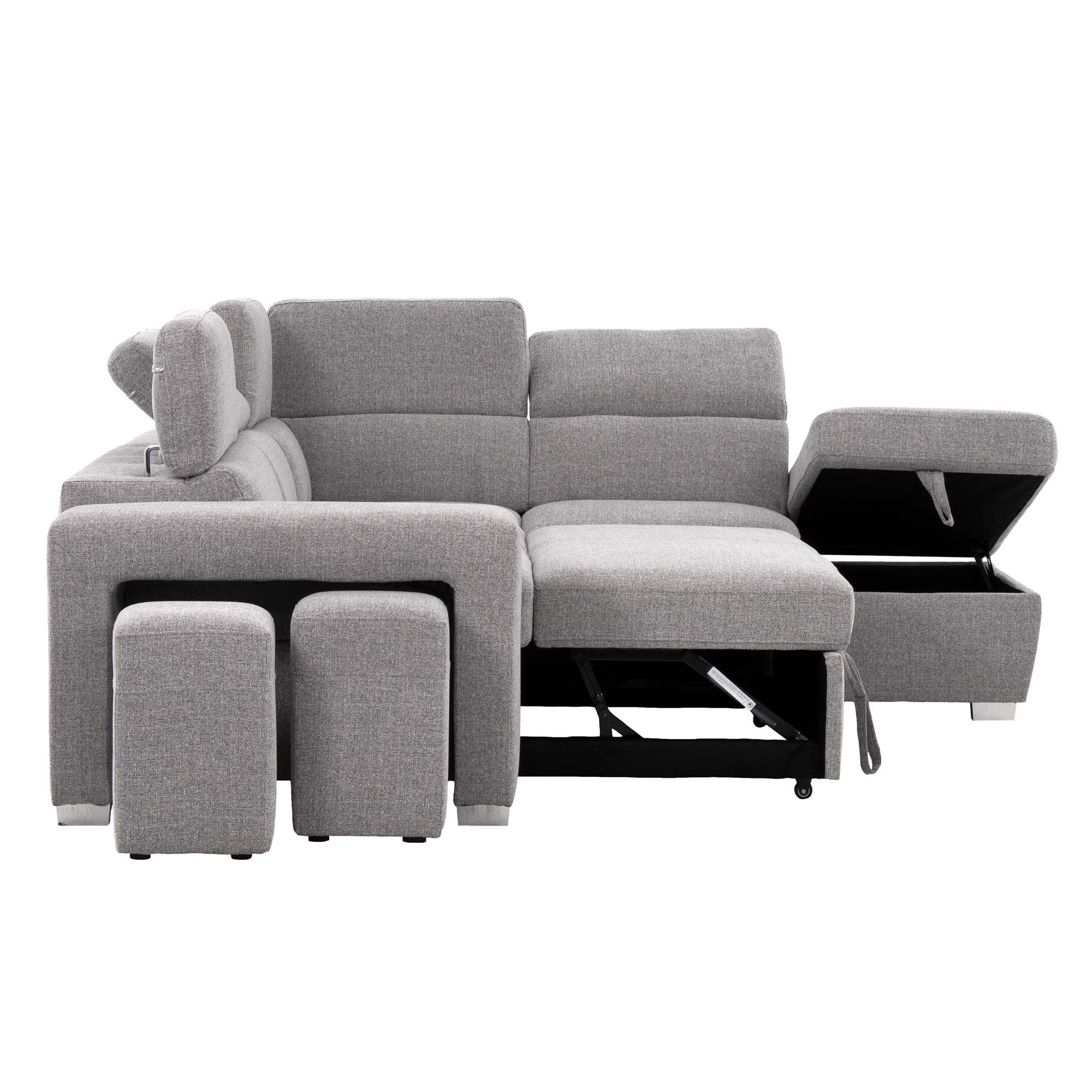 Pamina Sectional Sleeper with Storage Chaise & Two Stools