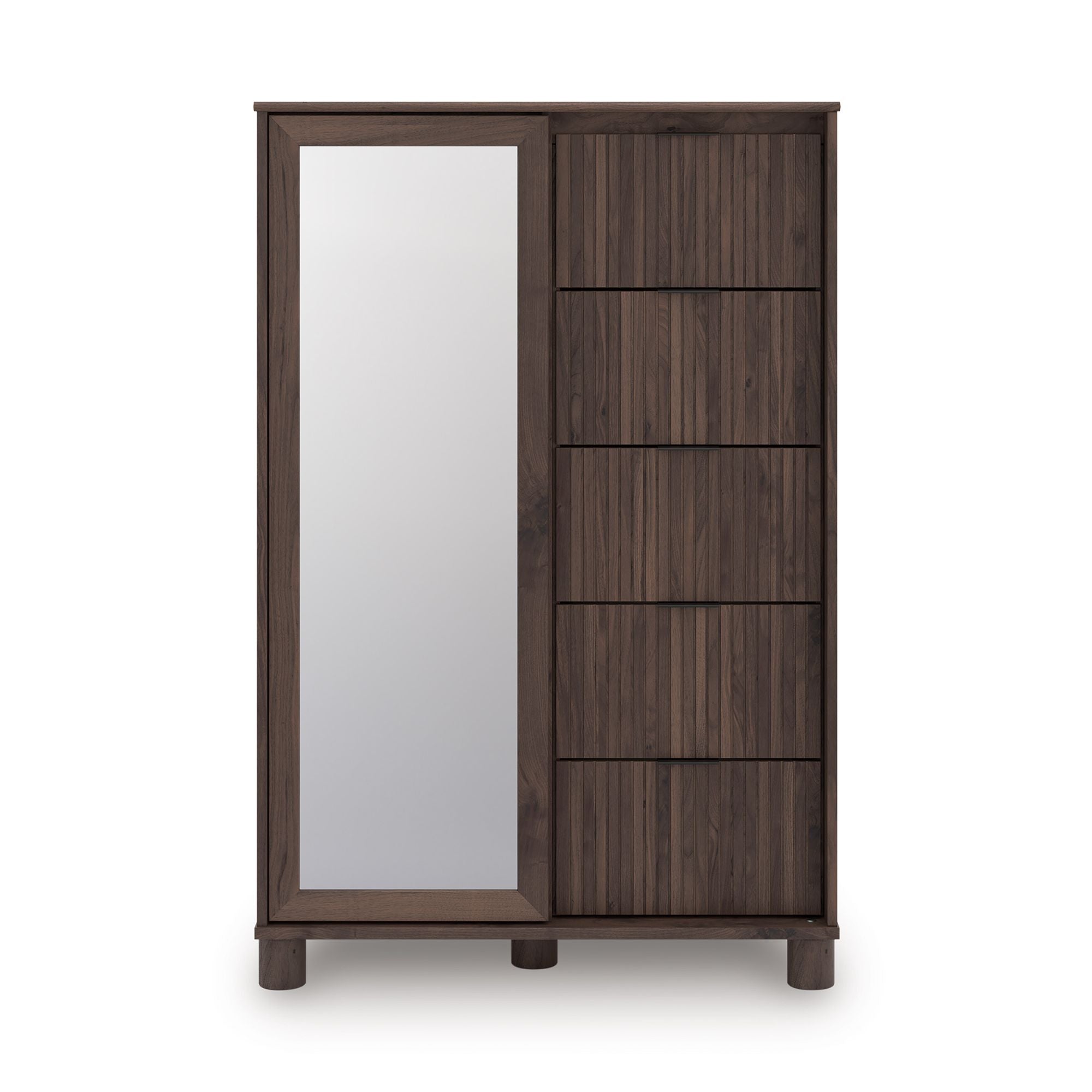 Signature Ashley Pamytta Dressing Chest in brown wood with sleek drawer handles, ideal for bedroom storage and organization.