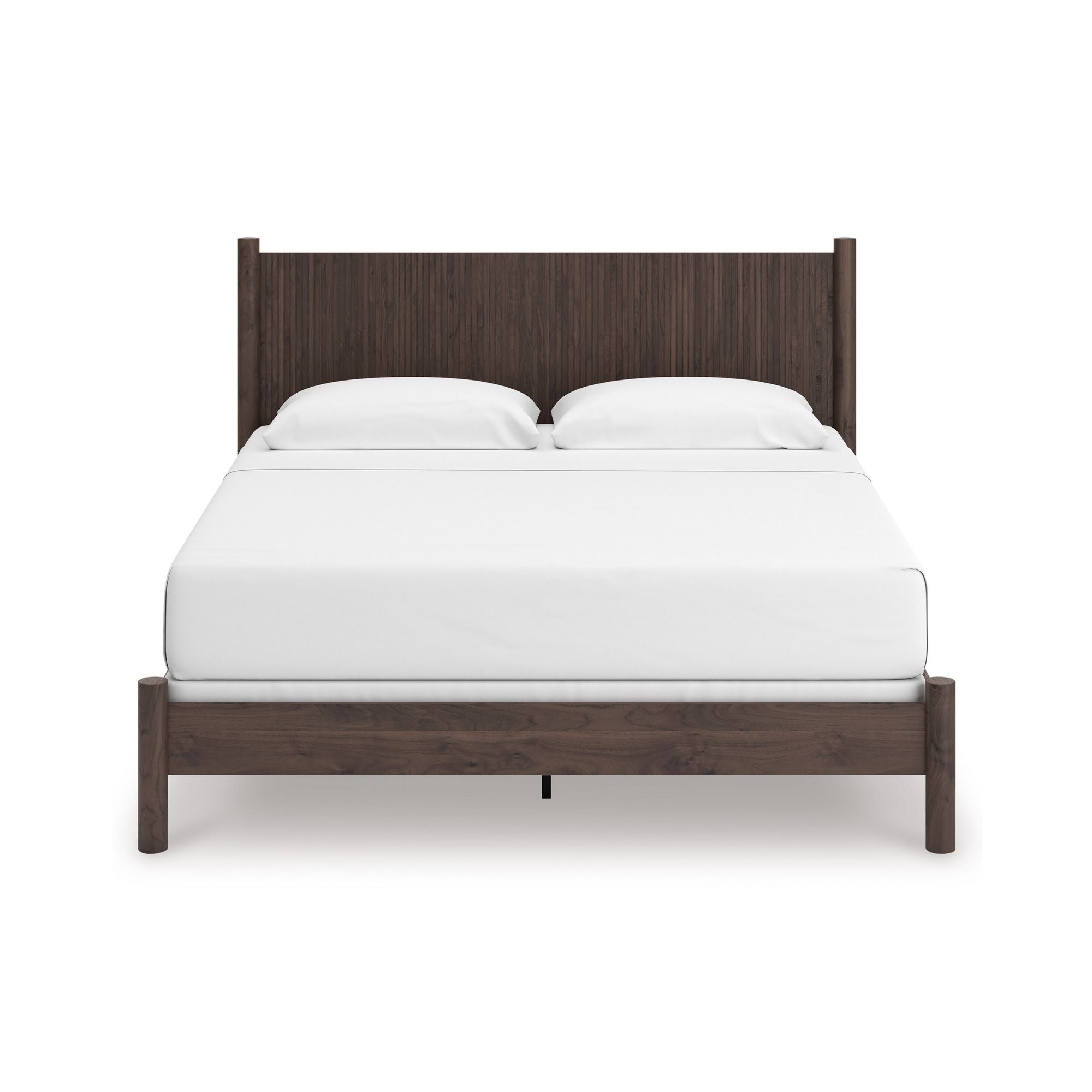 Signature Ashley Pamytta Panel Platform Bed in a modern bedroom setting with a wooden frame and upholstered headboard.