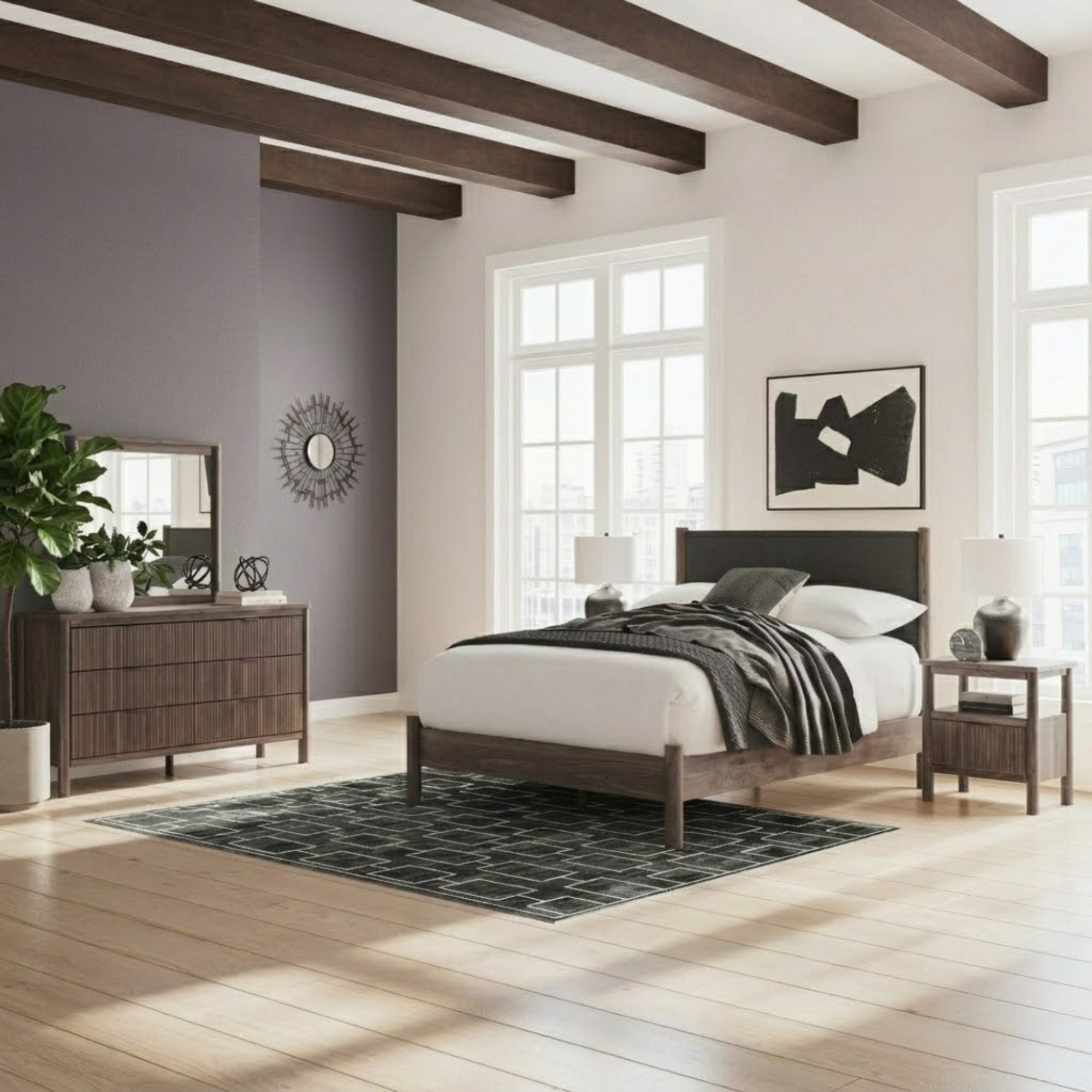Signature Ashley Pamytta upholstered panel platform bedroom set with a modern bed frame and matching bedroom furniture.