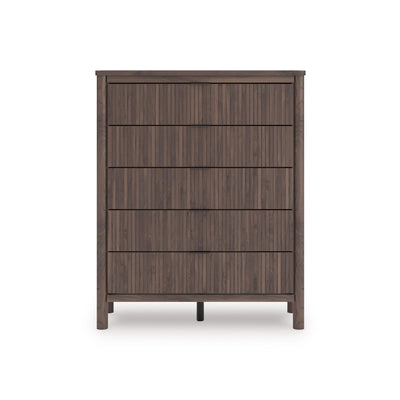 Brown Pamytta five-drawer wide chest by Signature Ashley with sleek design and ample storage in a bedroom setting.
