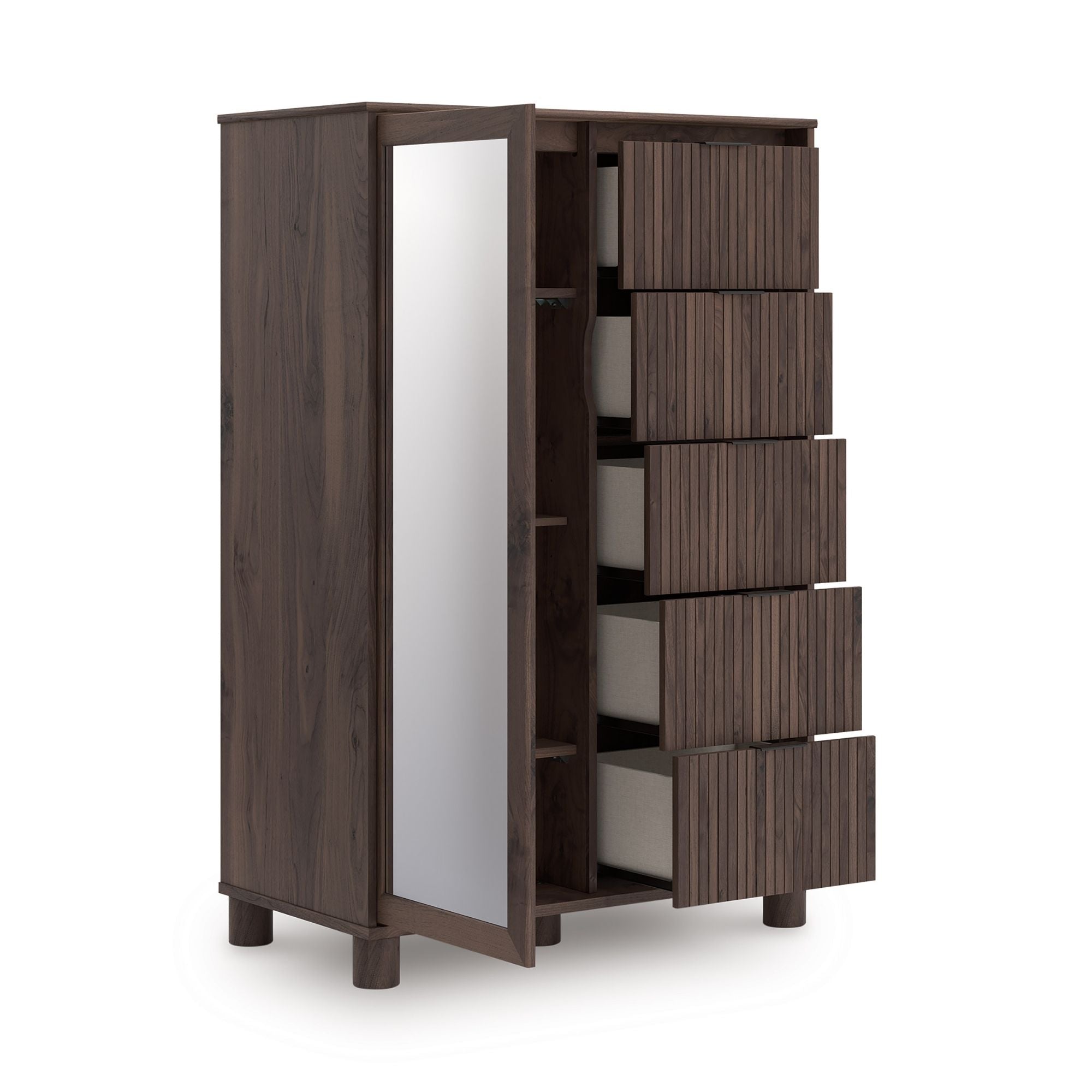 Brown Pamytta Dressing Chest by Signature Ashley with detailed wood finish, placed in a bedroom setting.