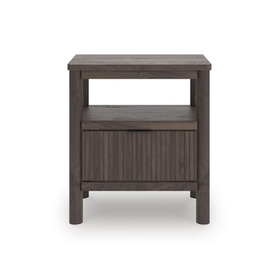 Brown Pamytta nightstand from Signature Ashley, featuring a sleek wooden design with a single drawer and open shelf for bedroom storage.