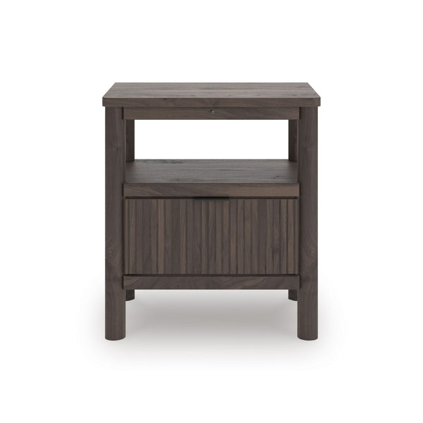 Brown Pamytta nightstand from Signature Ashley, featuring a sleek wooden design with a single drawer and open shelf for bedroom storage.