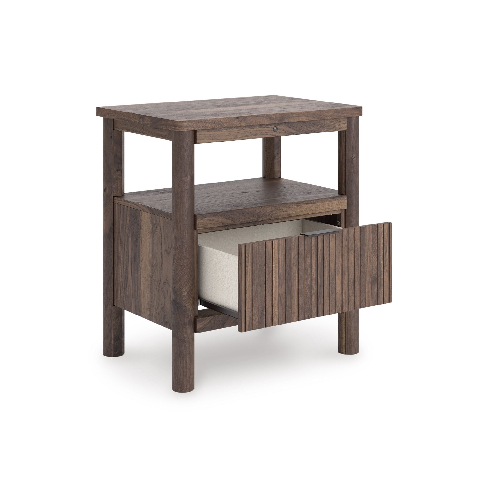 Ashley Pamytta upholstered panel bedroom set with a bed frame, headboard, and matching nightstands in a modern design.