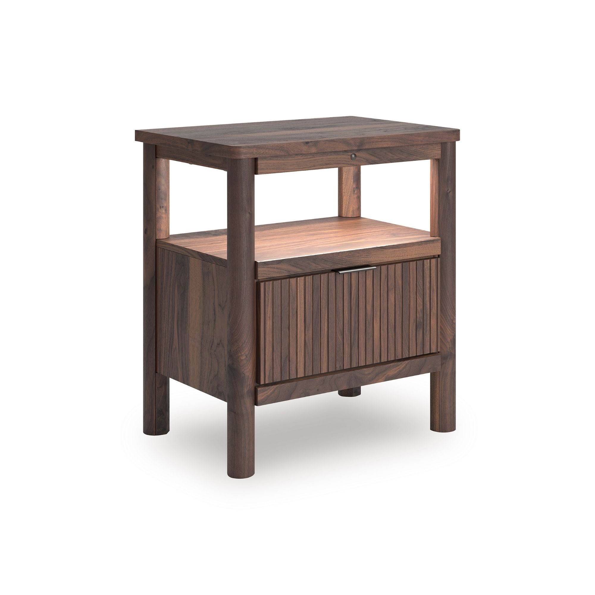Brown Pamytta nightstand by Signature Ashley with a modern design, featuring a smooth surface and storage drawer.