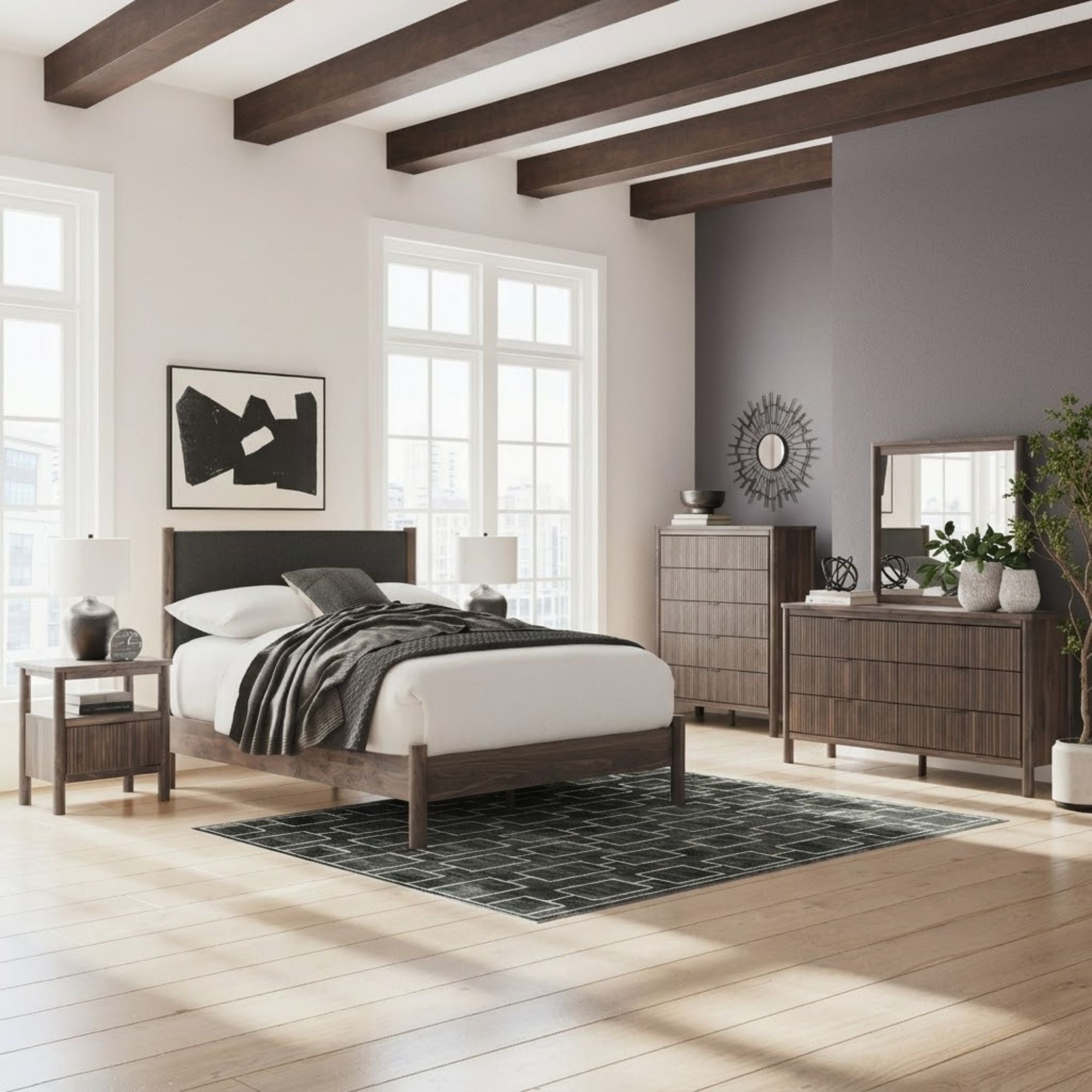 Pamytta upholstered panel platform bedroom set by Signature Ashley, featuring a bed with a padded headboard and matching nightstands.