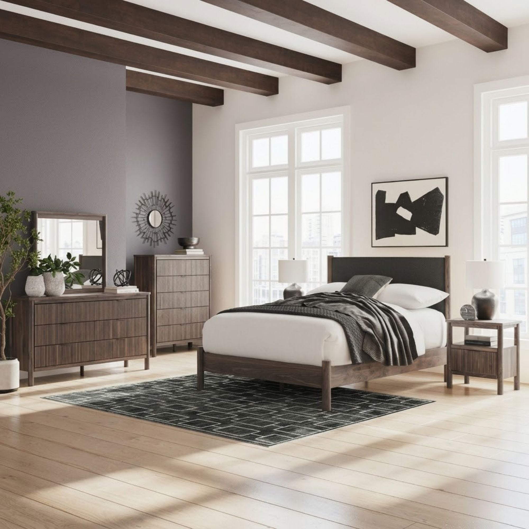 Pamytta upholstered panel platform bed by Signature Ashley in a modern bedroom setting with a neutral-toned headboard and bedding.
