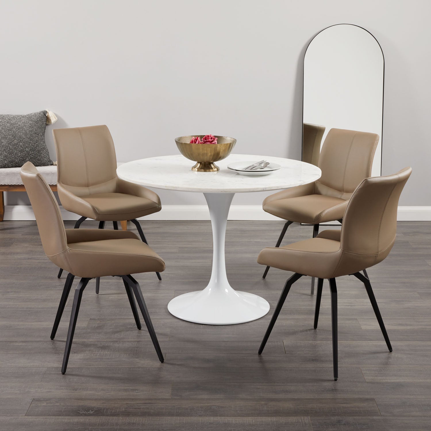Set of two Xcella Nona swivel dining chairs in taupe with modern design, shown in a stylish dining room setting.