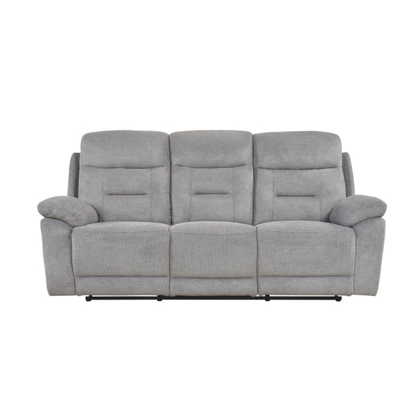 MAZ Perrin reclining sofa with plush fabric upholstery and padded armrests, showcasing a modern, comfortable recliner design.