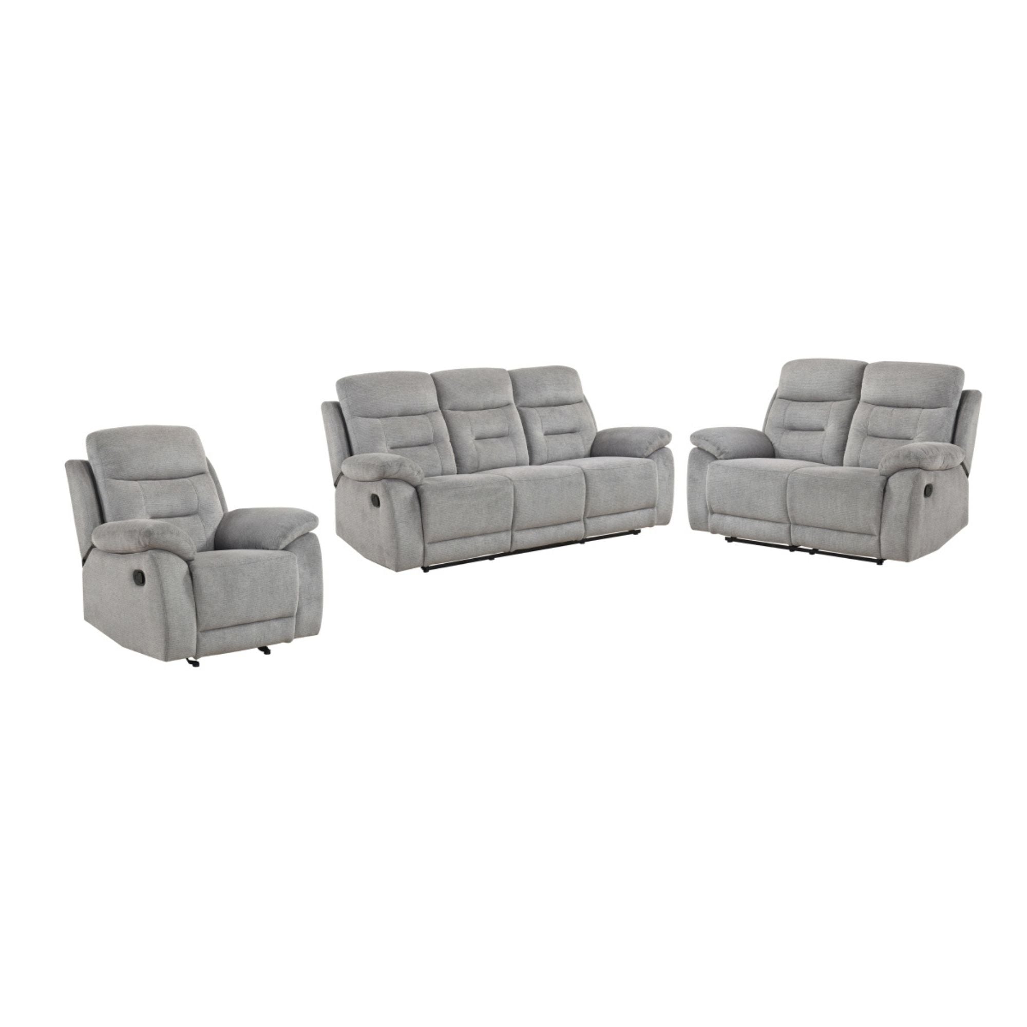 MAZ Perrin recliner loveseat with plush fabric upholstery and padded armrests, designed for comfortable seating.