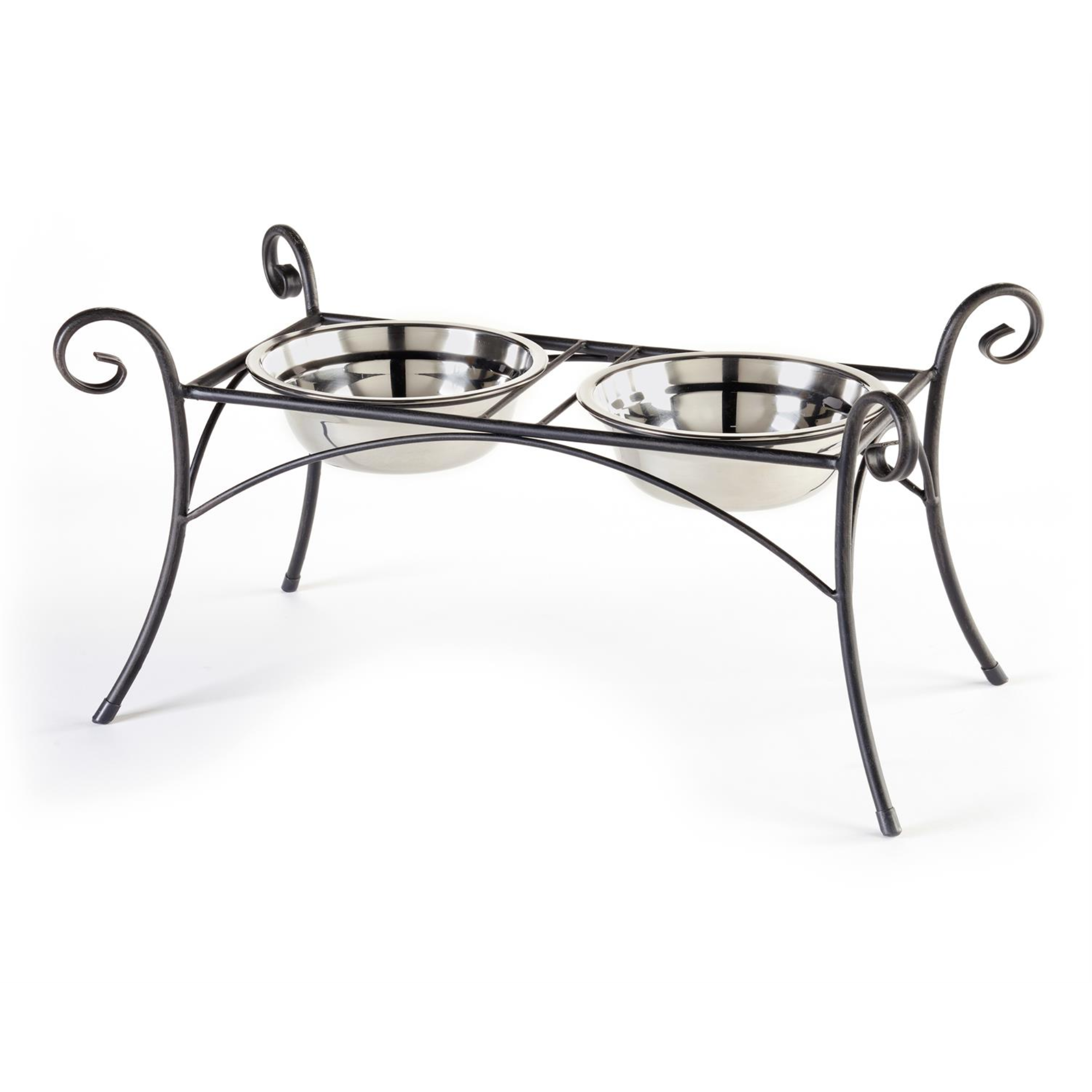 Stainless steel pet bowls with black stand from Maison, suitable for feeding cats and small dogs.