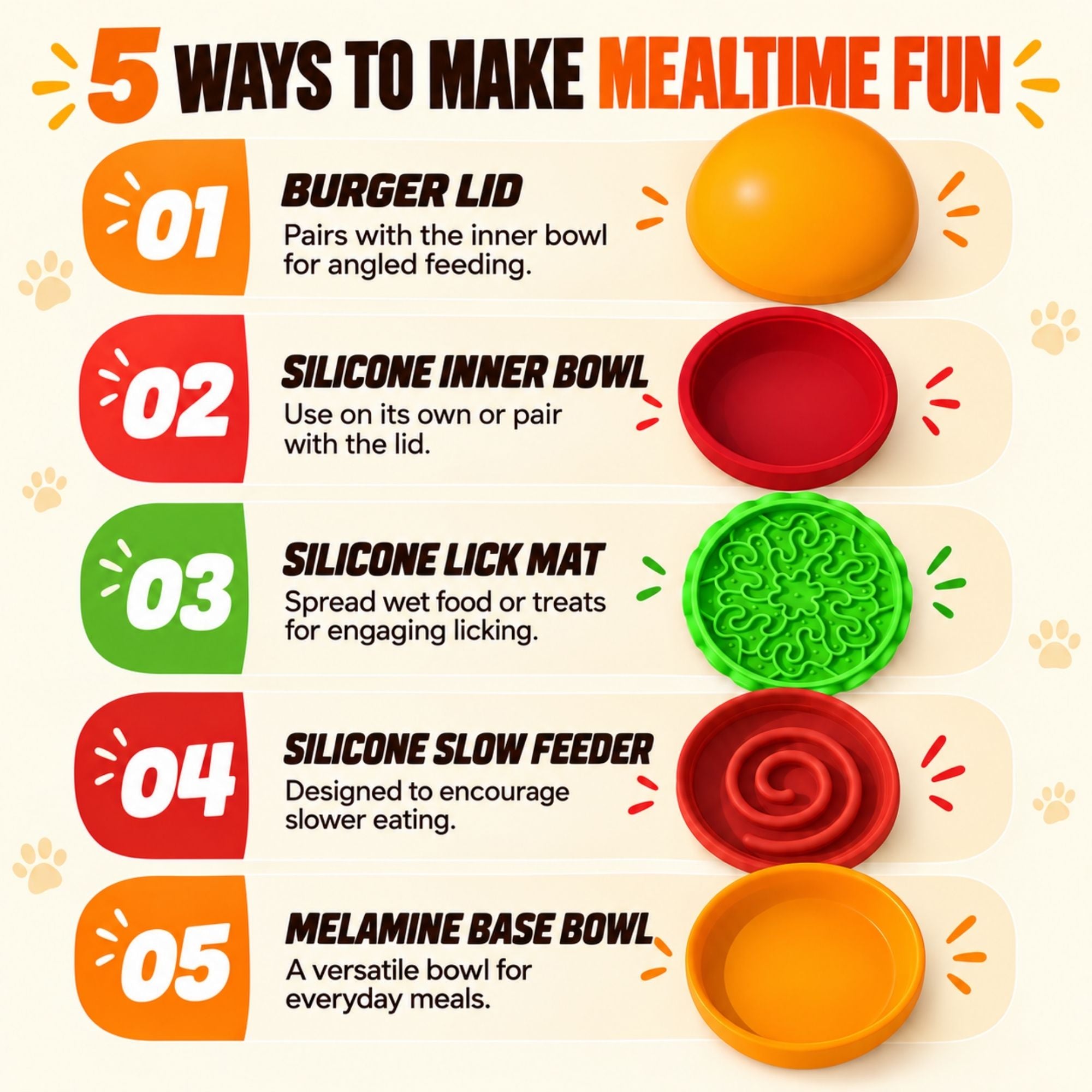 Orange Superdesign hamburger-shaped slow feeder pet bowl for dogs and cats