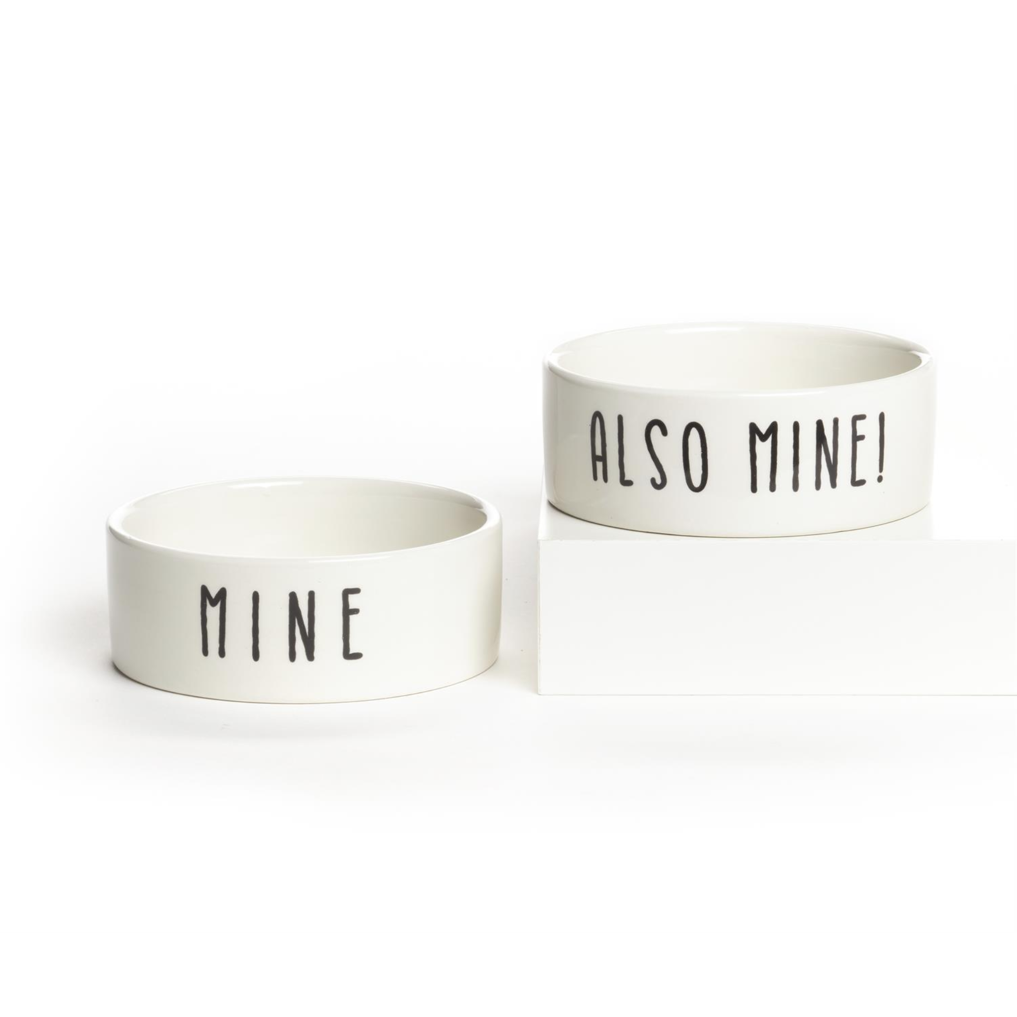 Maison decorative small pet bowls set with "MINE" and "ALSO MINE!" labels, featuring colorful ceramic design for pets.