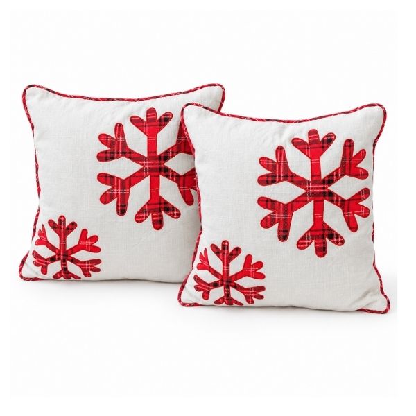 F&T 18-inch holiday pillow set of 2 with red snowflake design on white cushion covers