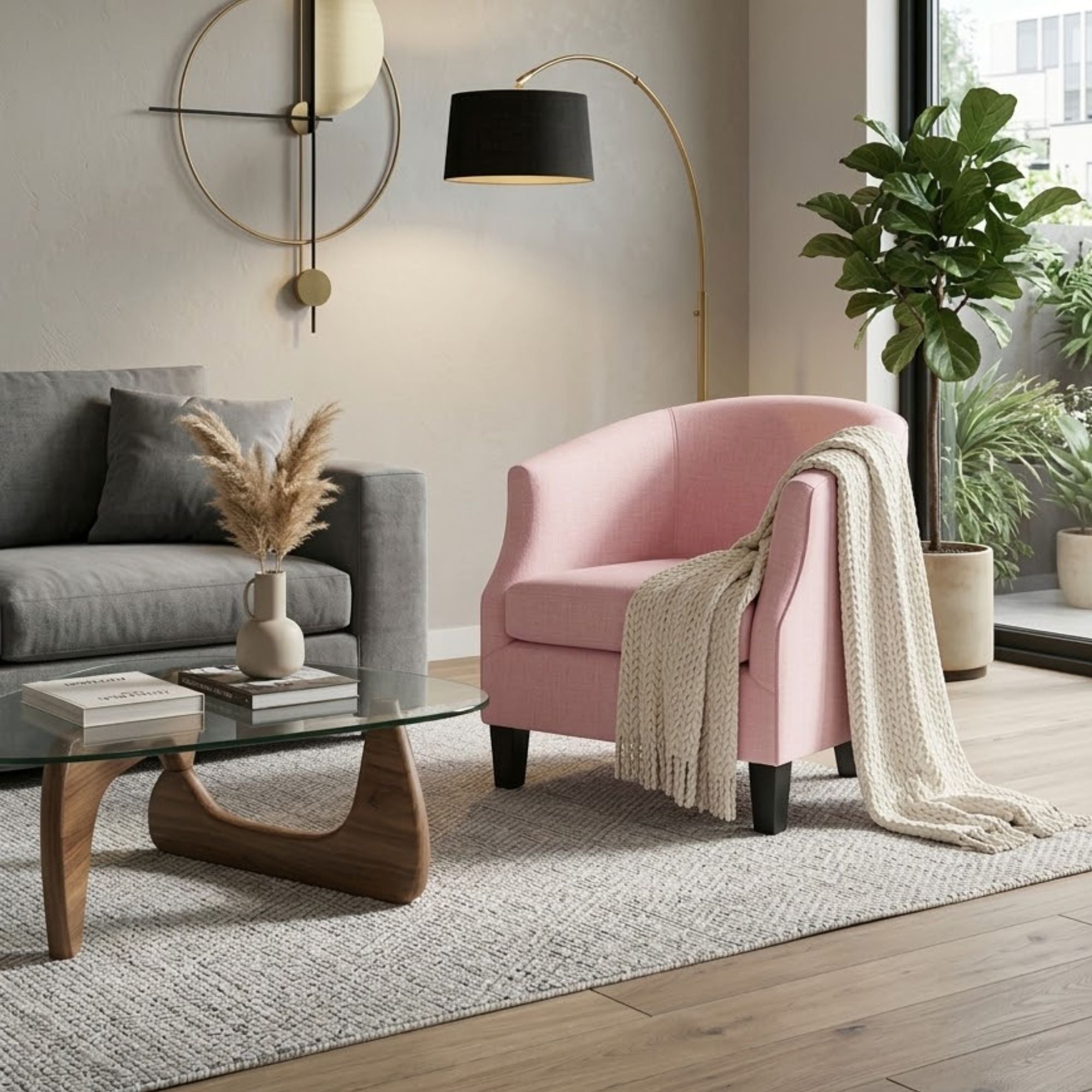 ComfortStyle Montreal Heritage accent chair in pink, showcasing its stylish fabric upholstery and modern design.