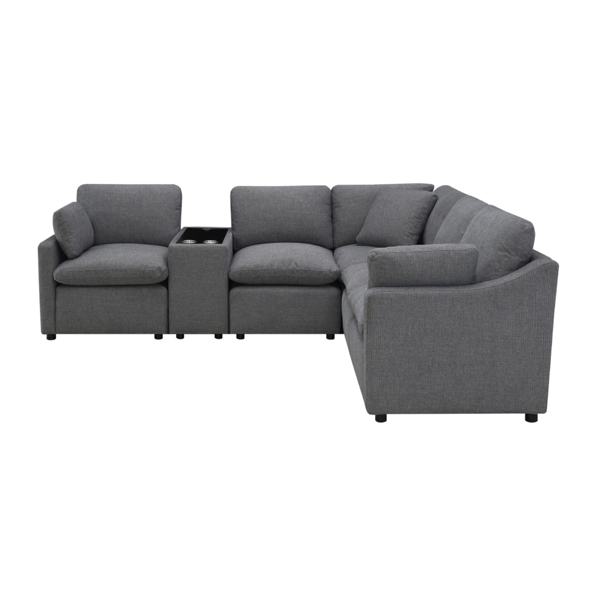 Gray MAZ Pippa Collection 6-piece modular sectional sofa with plush cushions and modern design, arranged in a spacious living room setting.