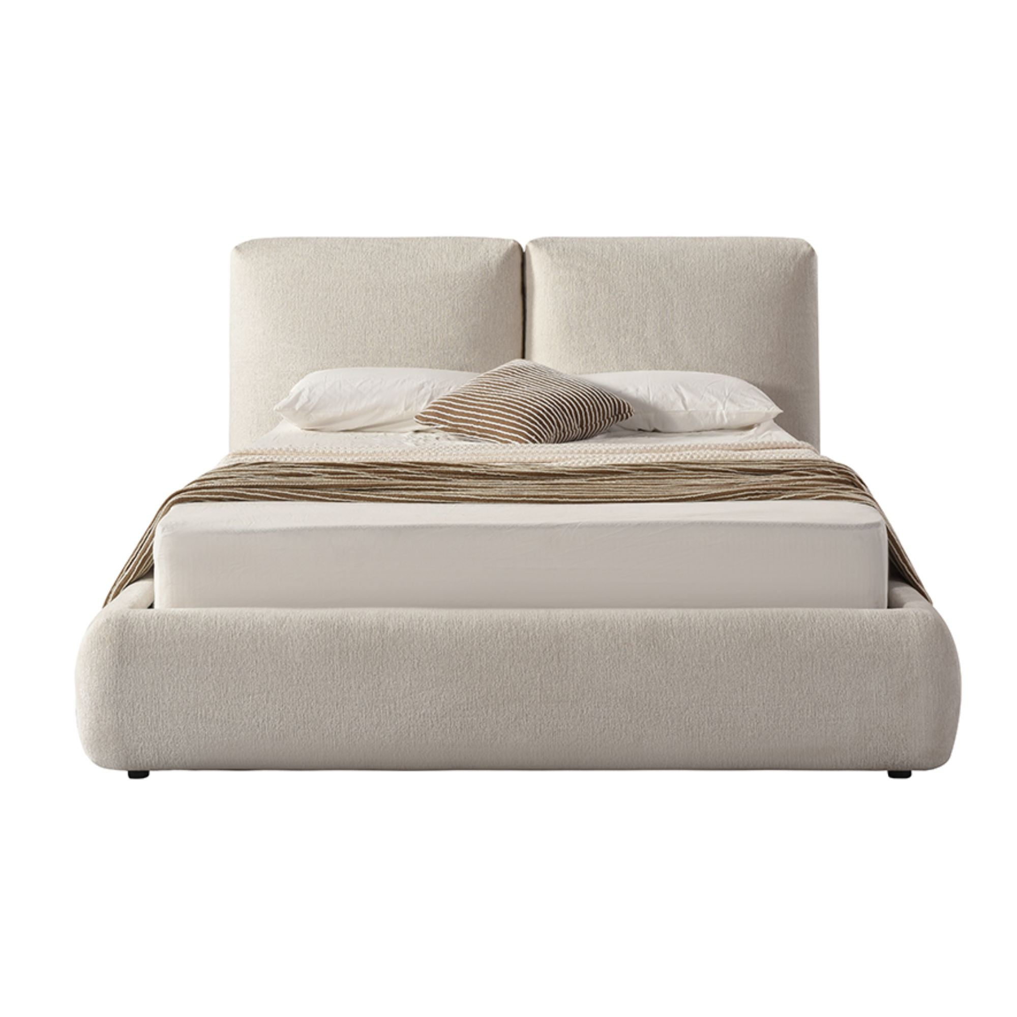 Beige silhouette modern platform bed by Brassex with a sleek, minimalist design and a sturdy wooden frame.