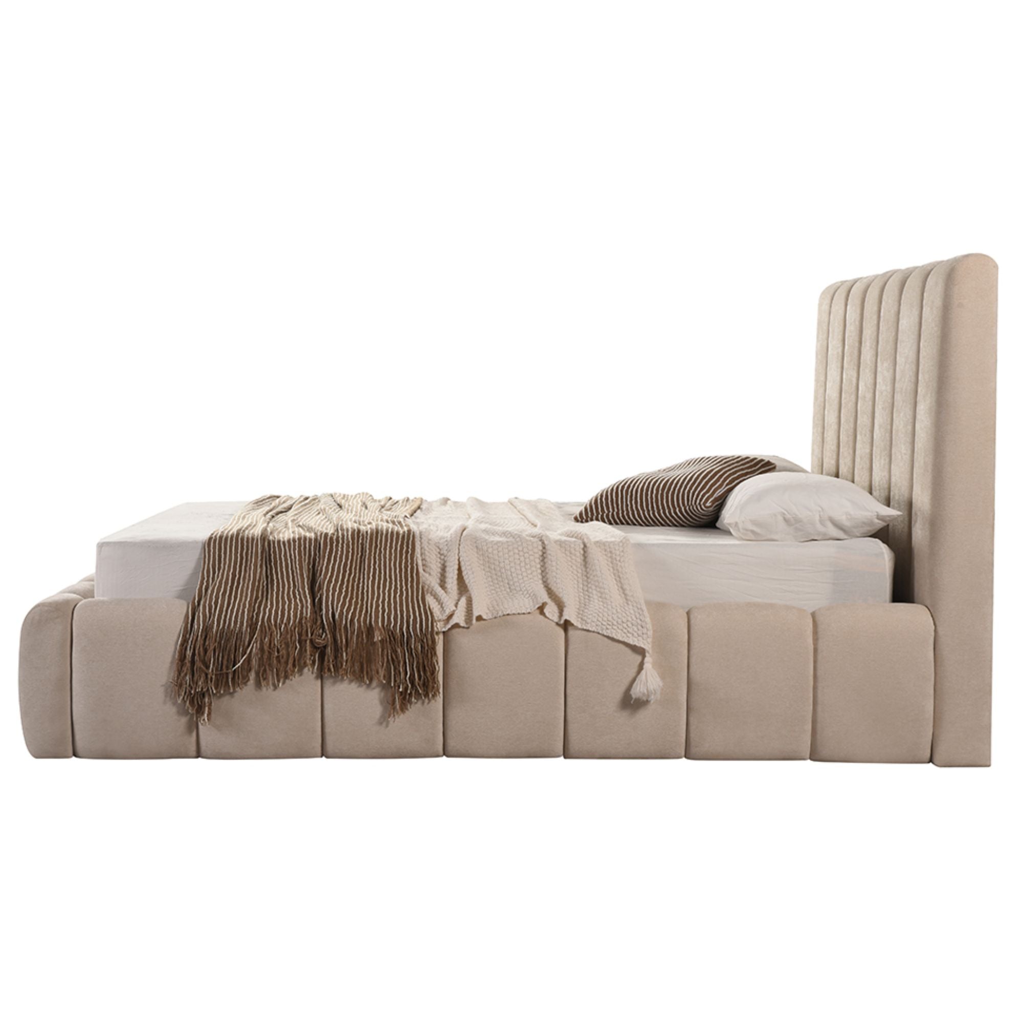 Brassex sandstone channel bed platform bed with sleek design and modern finish, shown in a close-up of the headboard and frame.